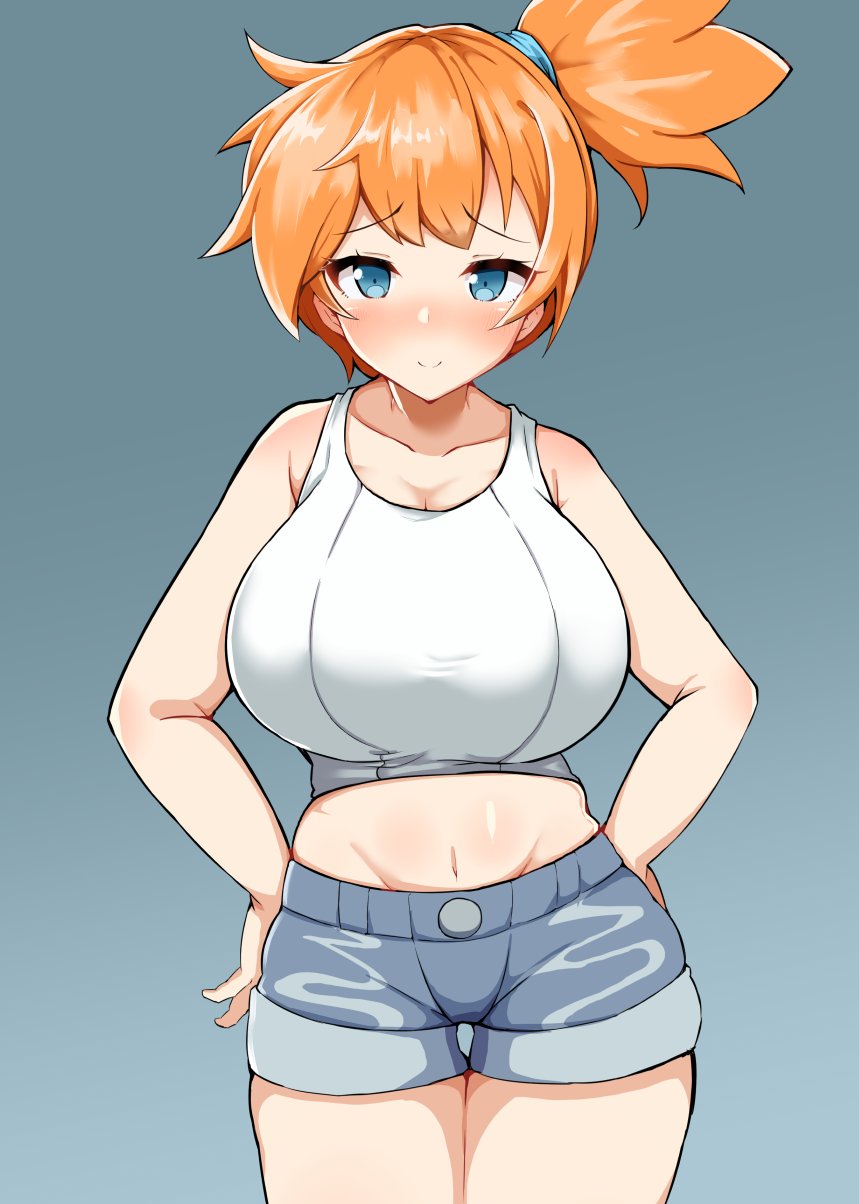 1girls, alternate breast size, bare stomach, big breasts, blue eyes, blush, breasts, detritus, duvet208, female, female only, huge breasts, kasumi (pokemon), large breasts, misty (pokemon lgpe), misty (pokemon), orange hair, pokemon, pokemon lgpe, pokemon rgby, red hair, shorts, solo, wide hips