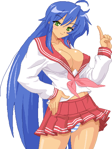 1girls beauty_mark big_breasts blue_hair breasts cleavage female green_eyes huge_breasts konata_izumi long_hair lucky_star mole mole_under_eye panties pantyshot school_uniform schoolgirl solo solo_female striped_panties transparent_background warnerc