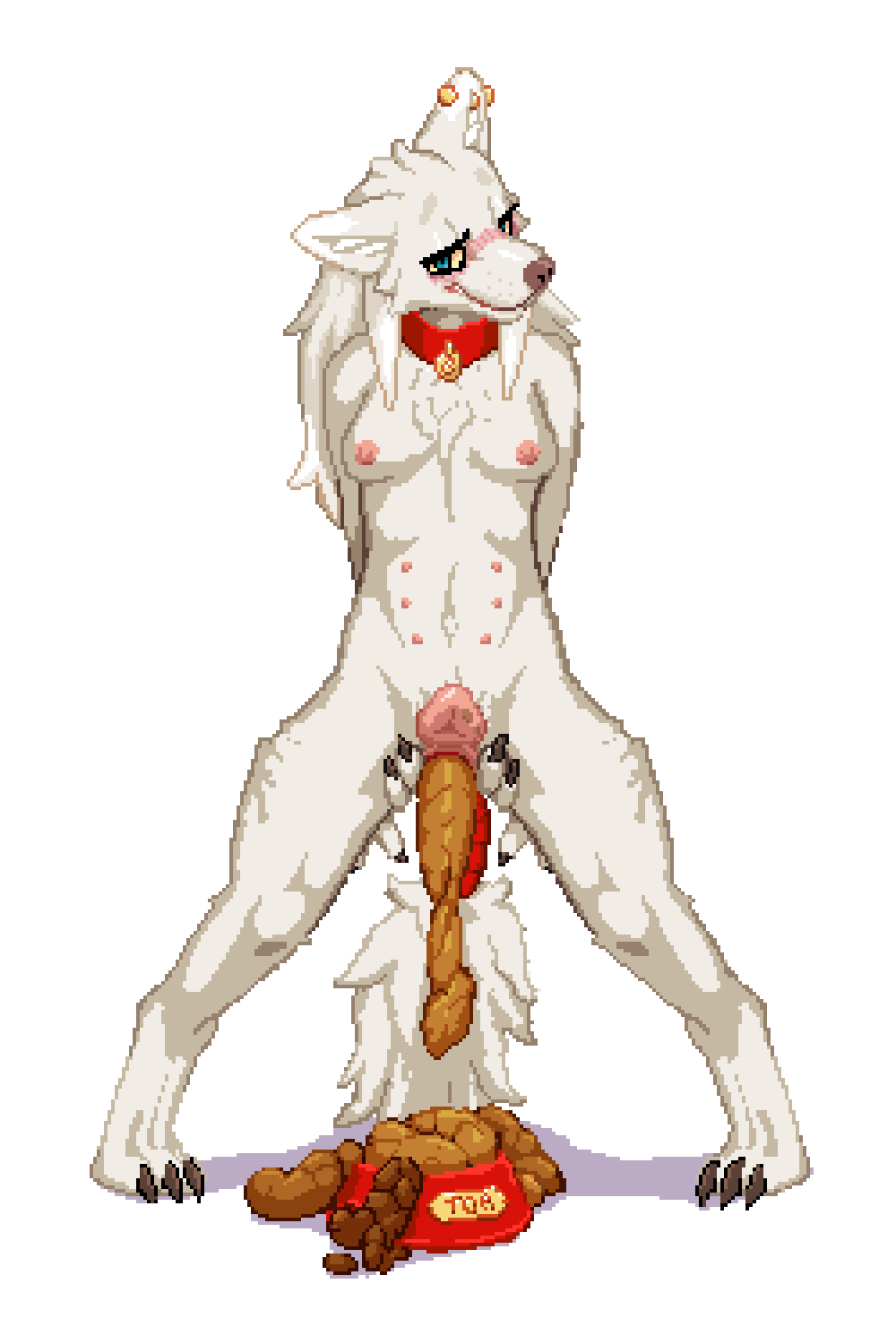 animal_genitalia anthro baja_(twinkle_bomb) canid canine canis collar collar_only feces feces_pile female futanari genitals gynomorph hi_res intersex leash mammal multi_nipple nipples nude pixel_art scat scatplay solo twinkle_bomb wolf