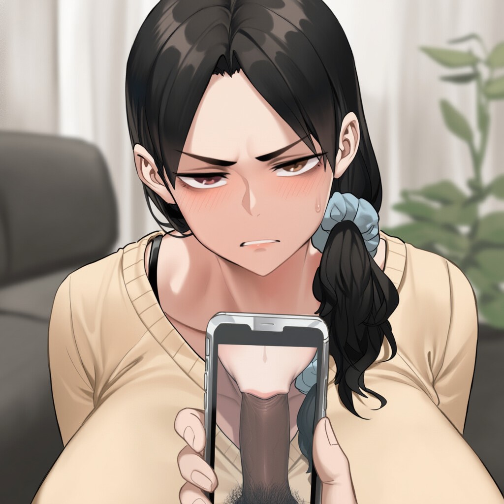 :>=, 1boy, 1girls, ai generated, angry, angry expression, angry eyes, angry face, black body, black hair, blowjob, blue scrunchie, blush, breasts, brown hair, bully, carla jaeger, caught, cellphone picture, cheating mother, cheating wife, cock, dark skin, dark-skinned male, embarrassed, erection, eye contact, female, holding phone, huge breasts, imminent oral, incest, interracial, juxtaposition, karlern, large breasts, lips, long hair, looking at viewer, low ponytail, male, male/female, mother, mother and son, motherly cuckold, oral, original, original character, pale-skinned female, penis, photo, photo comparison, ponytail, pov, pov hands, pubic hair, smartphone, son, sucking, uncensored