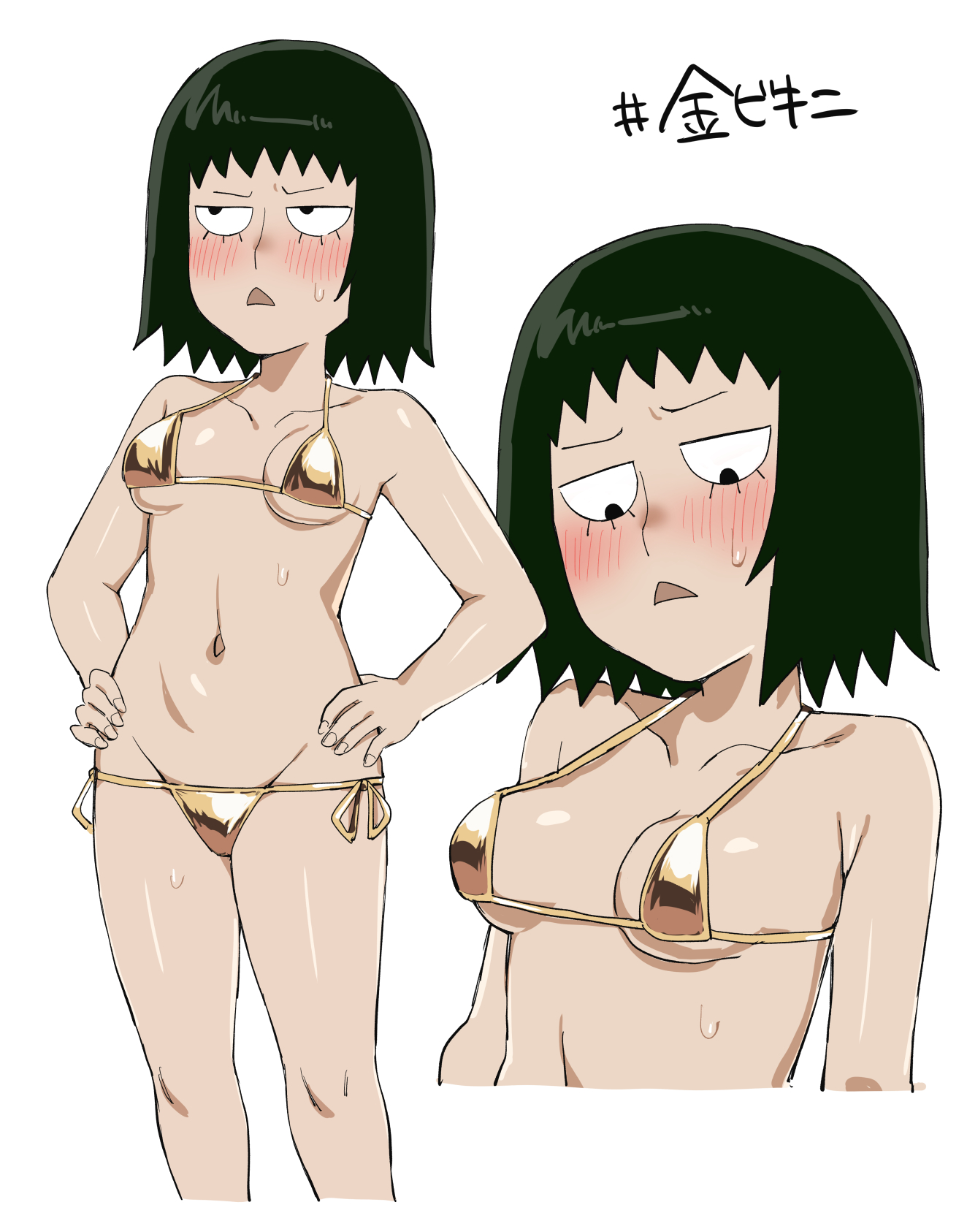 1girls, 2d, 2d (artwork), ax g90, bikini, black hair, blush, breasts, embarrassed, female, female only, gold bikini, golden bikini, golden clothing, hands on hips, japanese text, kurata tome, light skin, light-skinned female, mob psycho 100, navel, short black hair, solo, solo female, sweat, sweatdrop, text, white background