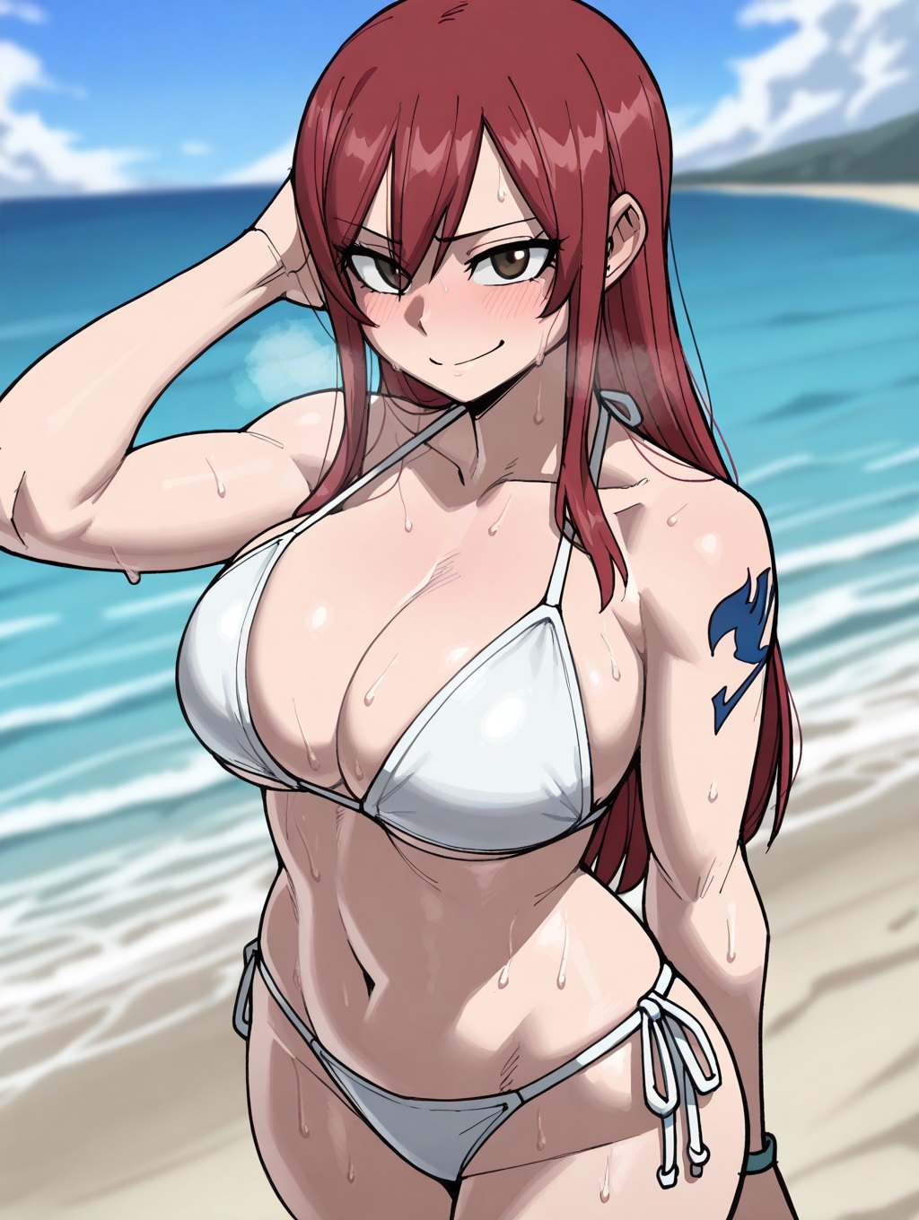 1girls, adjusting hair, ai generated, arm tattoo, astralgazer, beach, bikini, bikini bottom, bikini top, blue tattoo, breasts, cleavage, erza scarlet, fairy tail, fairy tail mark, female, female focus, hair between eyes, hand on head, large breasts, long hair, looking at viewer, red hair, red-haired female, side-tie bikini, side-tie bikini bottom, sideboob, steam, steaming body, sweat, sweatdrop, tattoo, tattooed arm, voluptuous, voluptuous female, white bikini