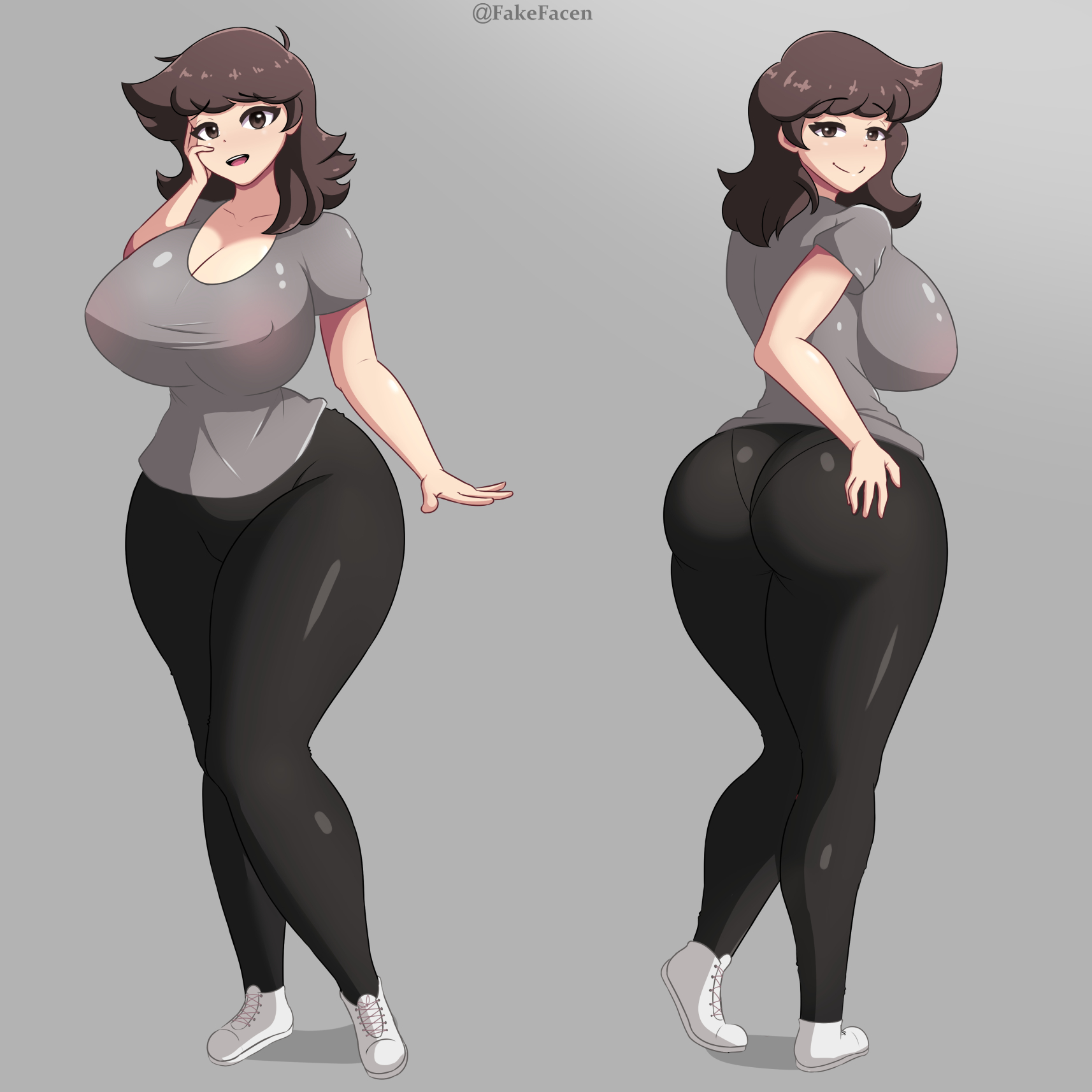 1girls, ass, big ass, big breasts, black eyes, black hair, breasts, curvaceous, curvy figure, eye contact, fake face, female, female only, fully clothed, grey background, huge breasts, large ass, large breasts, looking at viewer, medium hair, nipple bulge, original, original character, pants, pantylines, shoes, sneakers, solo, standing, thick ass, thick thighs, thighs, tight clothing, tight pants, voluptuous, wide hips