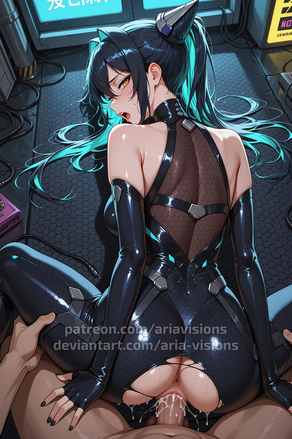 ai generated, anus, ariavisions, ass, balls, black hair, blue hair, cum, cum in pussy, erection, female, goddess of victory: nikke, hair between eyes, hair intakes, little mermaid (nikke), looking back, male, male pov, moaning, navel, open mouth, penis, pussy, siren, slit pupils, taken from behind, testicles, torn clothes, twintails, uncensored, vaginal penetration, yellow eyes