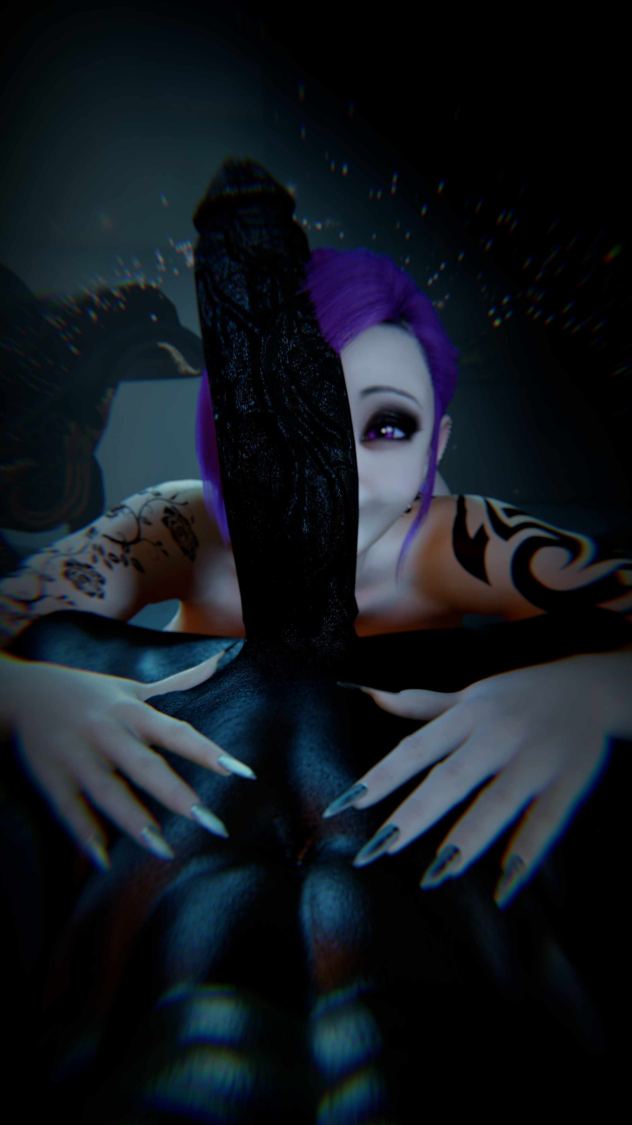 1boy, 1girls, 3d, 4k, big breasts, big penis, blowjob, blurry, blurry background, breasts, completely nude, crashbanditkut, dark skin, dark-skinned male, ear piercing, earrings, face hidden, female, female focus, fern (sousou no frieren), fit male, hair, hi res, high resolution, highres, huge cock, interracial, light skin, light-skinned female, lips, lipstick, long penis, looking at viewer, male, male/female, muscular, muscular male, nail polish, nails, nude, nude female, penis, penis awe, penis bigger than head, penis on face, piercing, pov, pov male, purple eyes, purple hair, qos, qos tattoo, queen of spades, queen of spades symbol, queen of spades tattoo, short hair, sousou no frieren, spade tattoo, tattoo, tattoos, virt-a-mate, virtamate