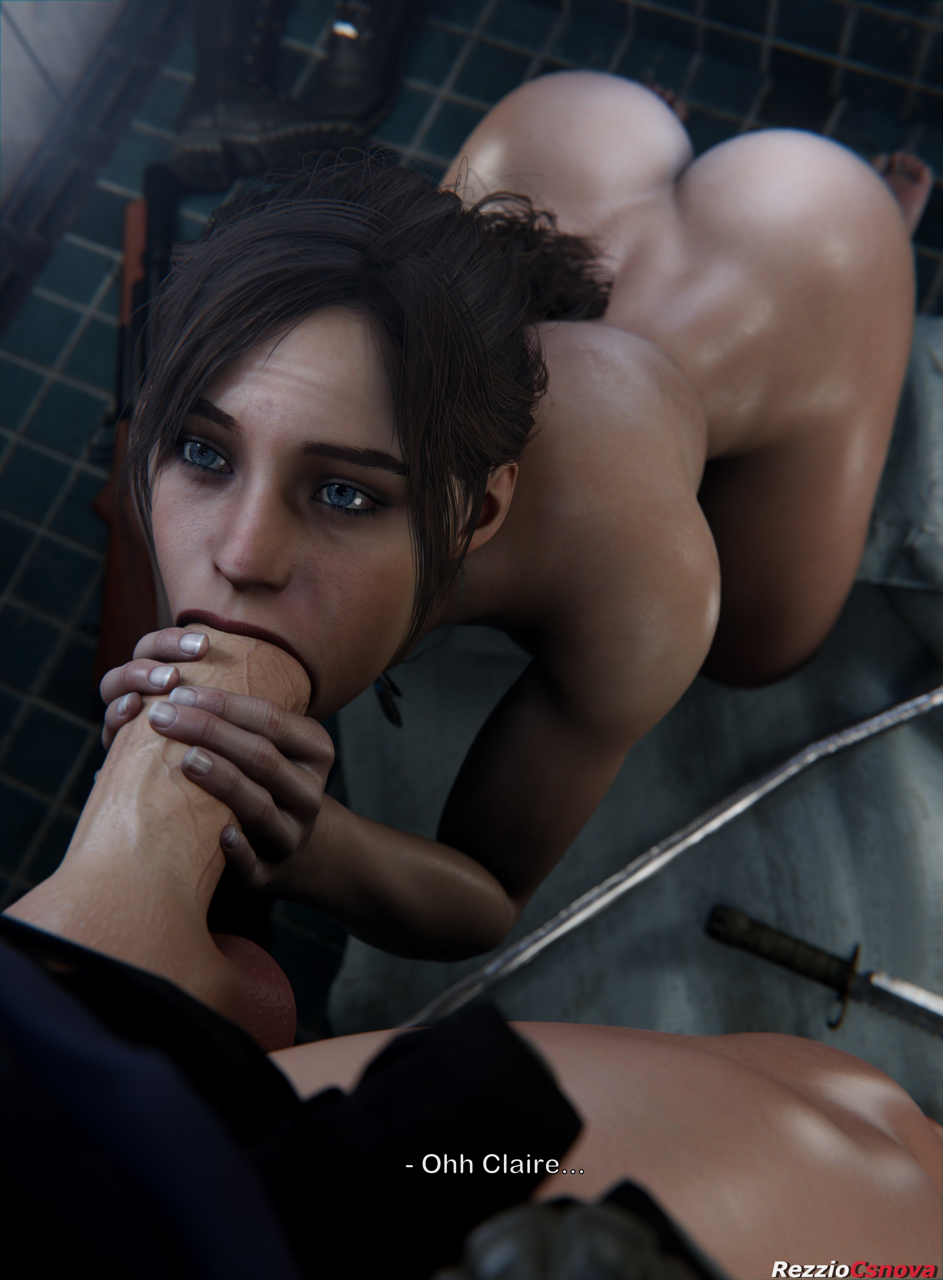 1boy, 1girls, 3d, claire redfield, claire redfield (jordan mcewen), female, female focus, leon scott kennedy, male, resident evil, resident evil 2, resident evil 2 remake, rezzio19, sex, tagme, text