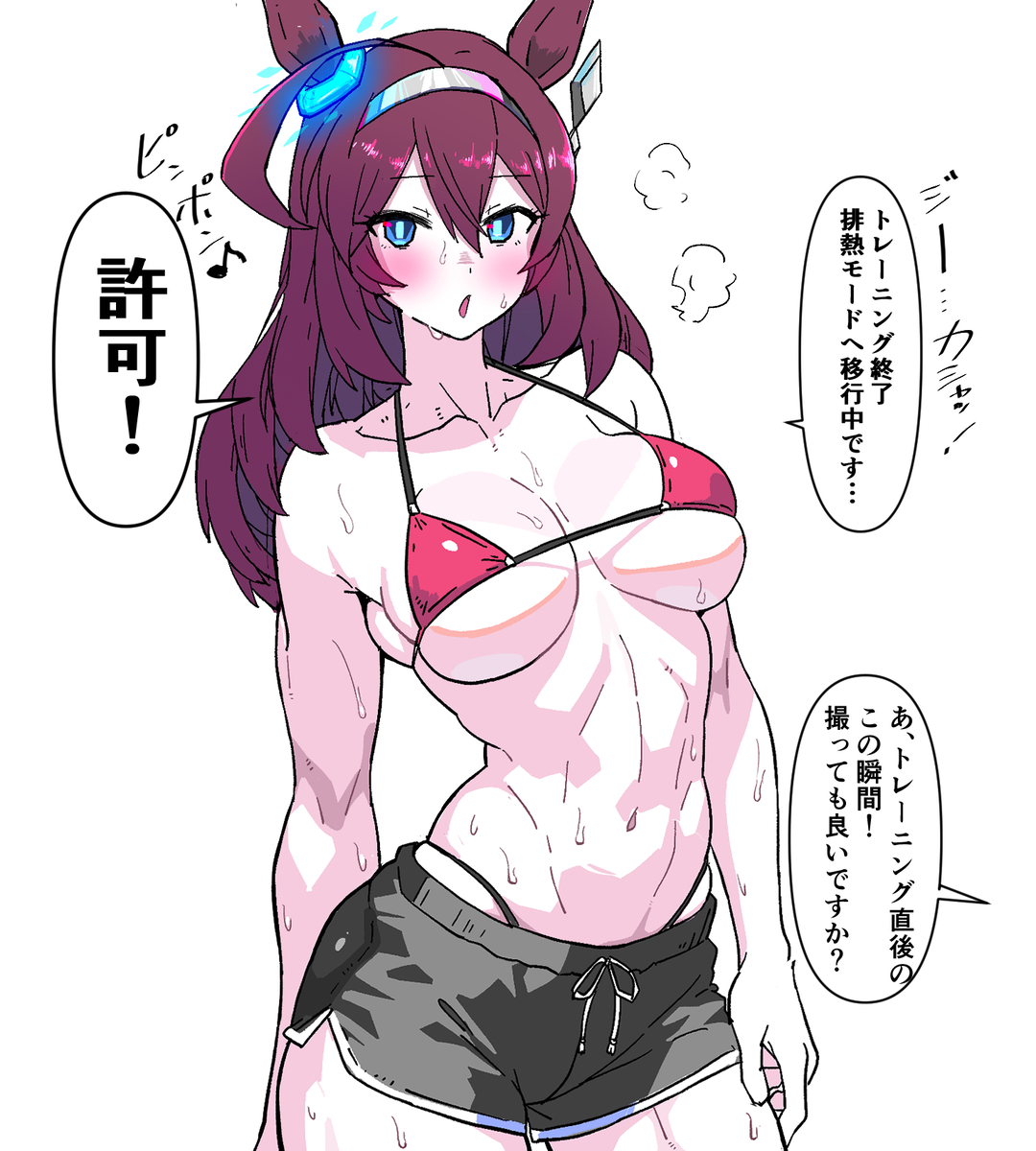 ahoge, baked apple, big breasts, bikini, blue eyes, blush, breasts, brown hair, dolphin shorts, female, female only, hair ornament, hairband, horse ears, horse girl, japanese text, long hair, looking at viewer, micro bikini, mihono bourbon (umamusume), muscular, muscular female, pale skin, pale-skinned female, red bikini top, short shorts, shorts, solo, sweat, translation request, umamusume, umamusume pretty derby, underboob, yaki apple