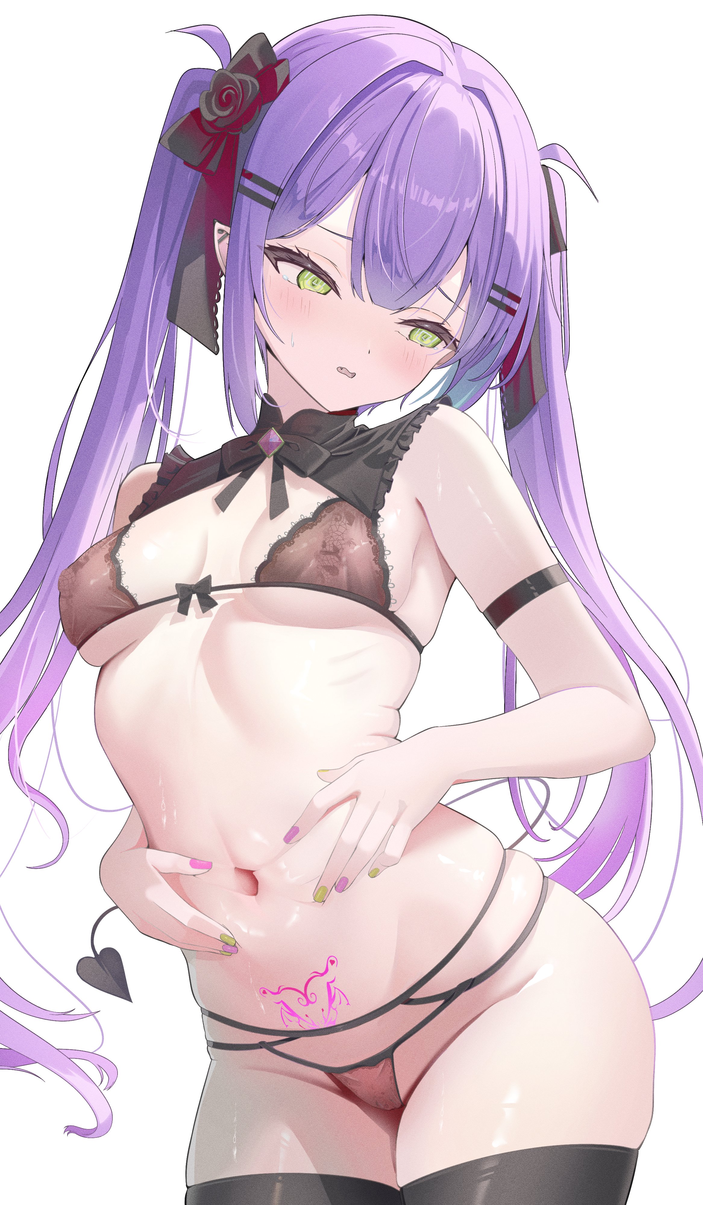 @ @, 1girls, absurdres, arm strap, armpits, bare arms, bare thighs, black bow, black bra, black panties, black ribbon, black thighhighs, blush, bow, bra, breasts, covered nipples, deep skin, demon tail, ear piercing, embarrassed, female, female only, fingernails, grabbing own stomach, gradient hair, green eyes, green nails, hair ribbon, hands on own stomach, heart, heart-shaped pupils, highres, holoforce, hololive, hololive japan, lingerie, long hair, looking down, looking to the side, multicolored hair, nail polish, naughty face, navel, nekonosuke, oerba yun fang, open mouth, panties, petite, piercing, pink hair, pink nails, pointy ears, pubic tattoo, purple hair, ribbon, sideboob, simple background, skindentation, small breasts, solo, spread navel, stomach, symbol-shaped pupils, tail, tattoo, tearing up, thighhighs, thighs, tokoyami towa, twintails, two-tone hair, underboob, underwear, underwear only, virtual youtuber, white background