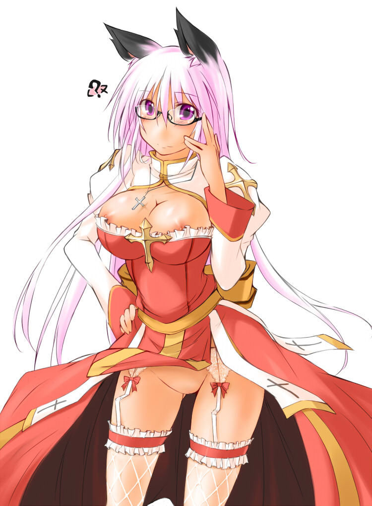 ? adjusting_clothes animal_ears arch_bishop_(ragnarok_online) ass_visible_through_thighs blush breasts cat_ears cat_girl cleavage cleavage_cutout closed_mouth clothes_lift clothing_cutout commentary_request cowboy_shot cross cross_necklace dress female fishnet_thighhighs fishnets frilled_thighhighs frills glasses jewelry juliet_sleeves kaminagi_(kaminagi-tei) large_breasts long_hair long_sleeves looking_at_viewer necklace nipple_slip nipples no_panties pelvic_curtain pelvic_curtain_lift pink_hair puffy_sleeves purple_eyes pussy ragnarok_online red_dress sash semi-rimless_eyewear simple_background smile solo spoken_question_mark thighhighs two-tone_dress uncensored under-rim_eyewear very_long_hair white_background white_dress white_thighhighs wind wind_lift yellow_sash