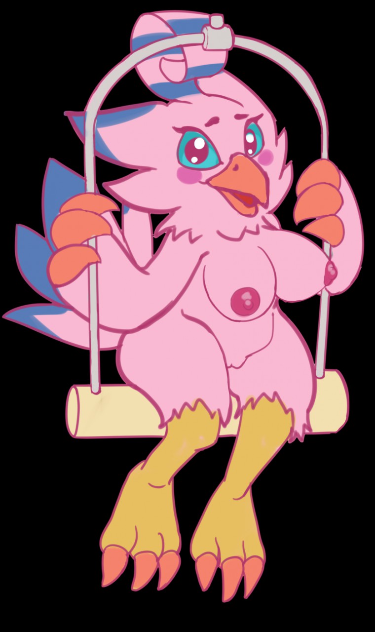 avian beak bird bird_cage biyomon blue_eyes blue_feathers blue_markings digimon digimon_(species) feathers female female_focus female_only markings pink_body pink_feathers zody300