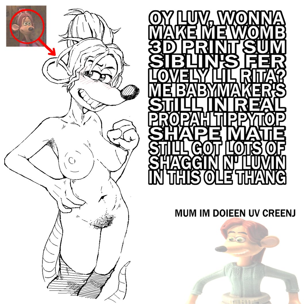 1girls, aardman animations, areolae, armpit hair, big breasts, breasts, british, british accent, british female, dreamworks, dreamworks animation, english text, female, female only, flushed away, general proton, hairy armpits, hairy pussy, madeleine malone, navel, nipples, older female, paramount pictures, pussy, rat, rita malone, rodent, rodent humanoid, solo, solo female, standing, text, translated