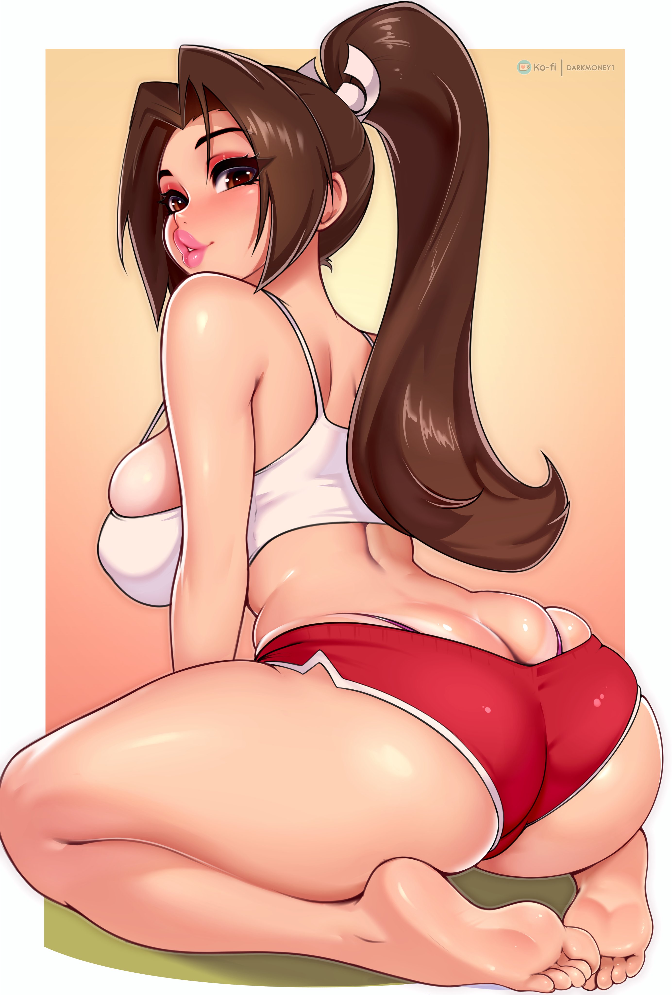 1girls, ass, backboob, big ass, big breasts, big butt, big lips, bottomwear, breasts, brown eyes, brown hair, bubble ass, bubble butt, camisole, clothing, darkmoney1, eyeshadow, fatal fury, feet, female, female only, hair, huge breasts, king of fighters, kneeling, lips, lipstick, looking back, mai shiranui, mai shiranui (casual), mai shiranui (street fighter 6), makeup, on knees, parted lips, pink lipstick, plump lips, ponytail, red eyeshadow, red shorts, short shorts, shorts, snk, solo, solo female, thick lips, thong, tied hair, topwear, white camisole