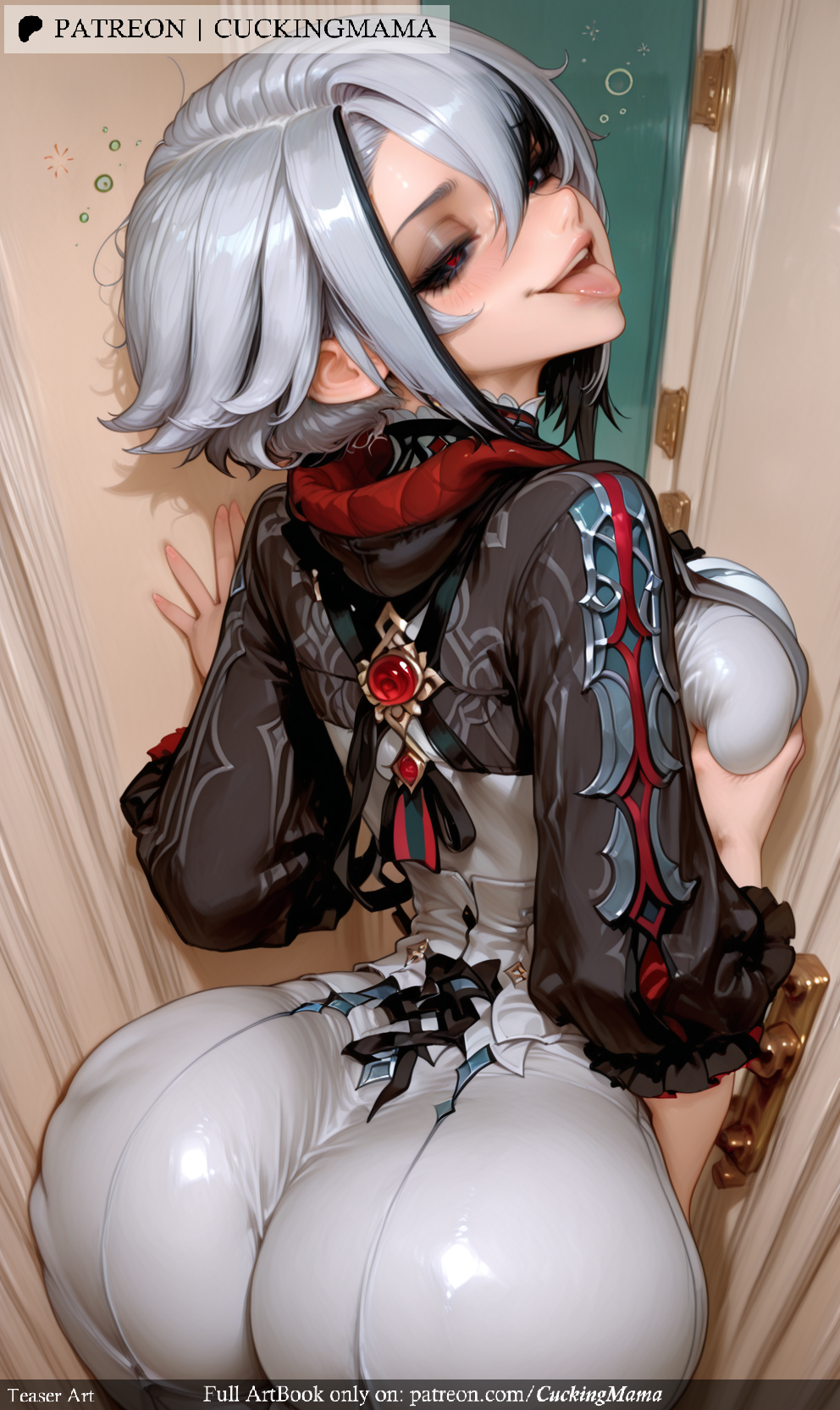 :p ai_generated ass blush bodysuit breasts cuckingmama eyepatch female from_behind large_breasts looking_at_viewer looking_back medium_breasts red_eyes short_hair silver_hair sitting skin_tight smile solo tagme tongue tongue_out