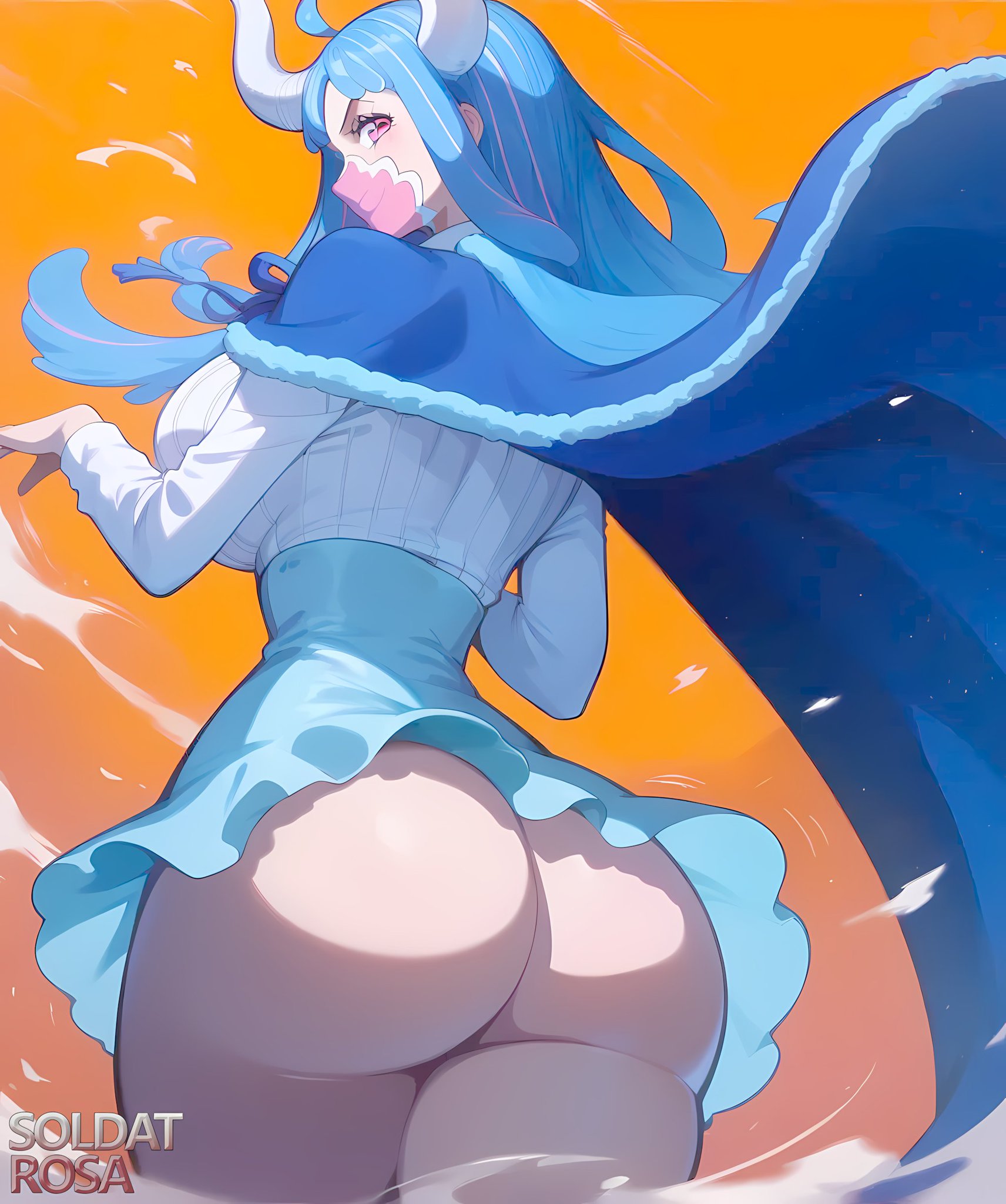 1girls, ai generated, ass, ass focus, back, back view, big ass, big breasts, big butt, blue hair, blue-haired female, blush, breasts, clothing, color, female, female only, hi res, horns, large breasts, light skin, light-skinned female, long hair, looking at viewer, looking back, mask, multicolored hair, one piece, pink eyes, shounen jump, soldatrosaai, thick thighs, ulti (one piece), wano country