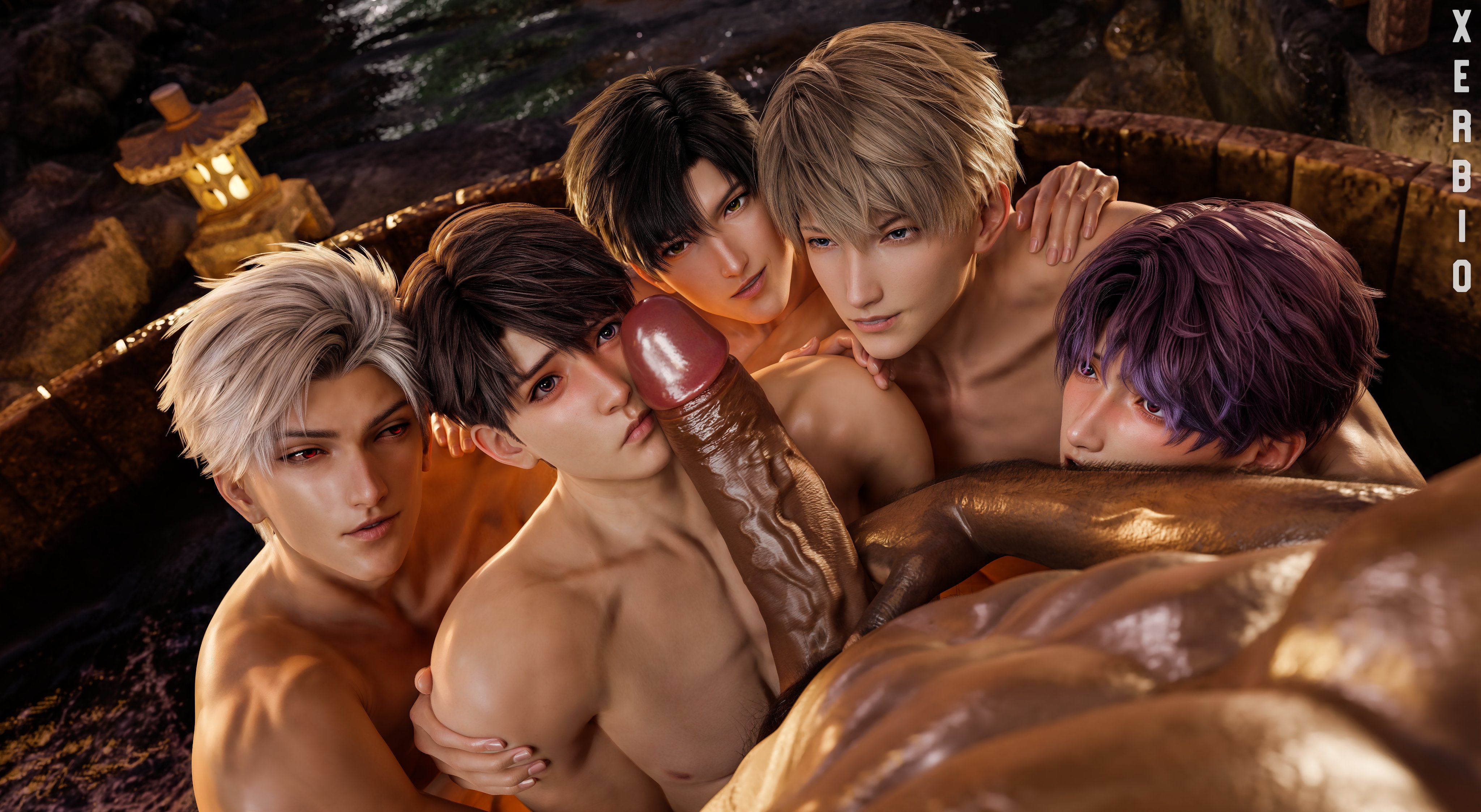 3d, 3d (artwork), 5boys, abs, black hair, blonde hair, blowjob, blowjob face, brown hair, caleb (love and deep space), cock, cock hungry, completely nude, cute, cute face, dark skin, dark-skinned male, digital media (artwork), fellatio, gay, gay sex, group, group sex, huge cock, imminent fellatio, imminent oral, imminent sex, implied deepthroat, implied fellatio, implied oral, implied sex, interracial, interracial sex, large penis, light skin, light-skinned male, looking at another, looking at partner, looking at penis, love and deep space, male, male/male, male/male/male/male/male, muscular, muscular male, nude, nude male, oral, oral sex, orgy, orgy sex, penis, penis on face, purple hair, rafayel (love and deep space), seductive, seductive pose, sex, smile, straight to gay, sylus (love and deep space), vein, veiny penis, white hair, xavier (love and deep space), xerbio, zayne (love and deep space)