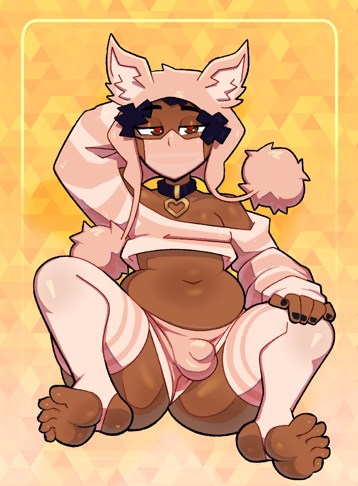 1boy, 2025, balls, balls in panties, black fingernails, black nail polish, black nails, brown eyes, bulge, bulge through clothing, chubby, chubby femboy, collar, cropped sweater, dark skin, dark-skinned femboy, dark-skinned male, docfriend, face mask, feet, femboy, gay, hat, heart eyes, heart-shaped pupils, male, male only, mask, nail polish, nailpolish, nails, nails painted, painted fingernails, painted nails, penis, pink thighhighs, small penis, solo, solo male, somescrub, spread legs, striped thighhighs, thighhighs, thighs