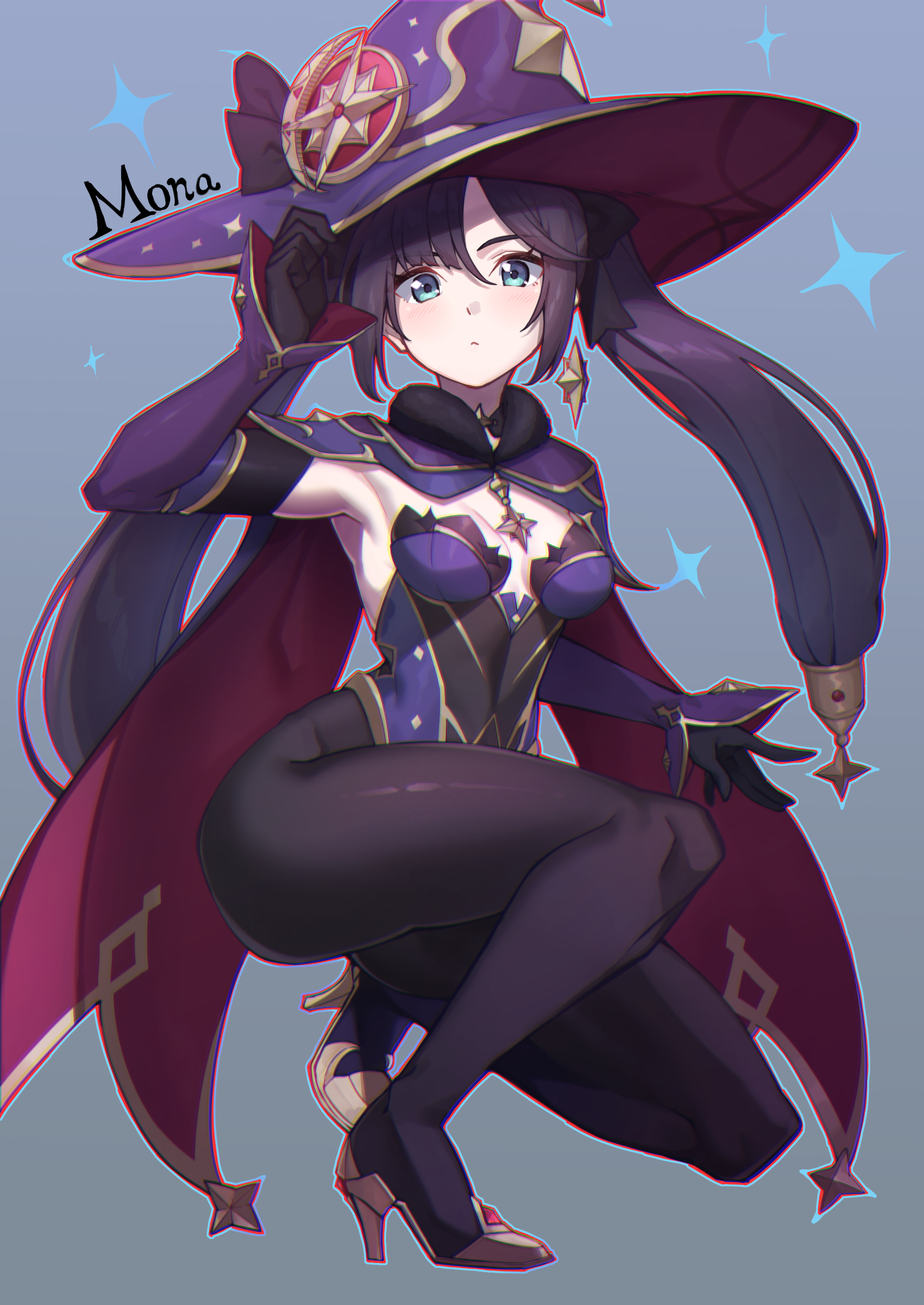 absurdres, aqua eyes, armpits, bare shoulders, black bodysuit, black pantyhose, bodysuit, bodysuit under clothes, breasts, brown shoes, cape, character name, choker, chromatic aberration, detached sleeves, earrings, female, full body, fur trim, genshin impact, ginopi, gloves, hair ornament, half-closed eyes, hat, hat tip, high heels, highres, jewelry, legs, leotard, long hair, long sleeves, looking at viewer, mona (genshin impact), pantyhose, purple hair, shoes, small breasts, solo, squatting, star (symbol), star earrings, star hair ornament, thighs, twintails, wide hips, witch, witch hat