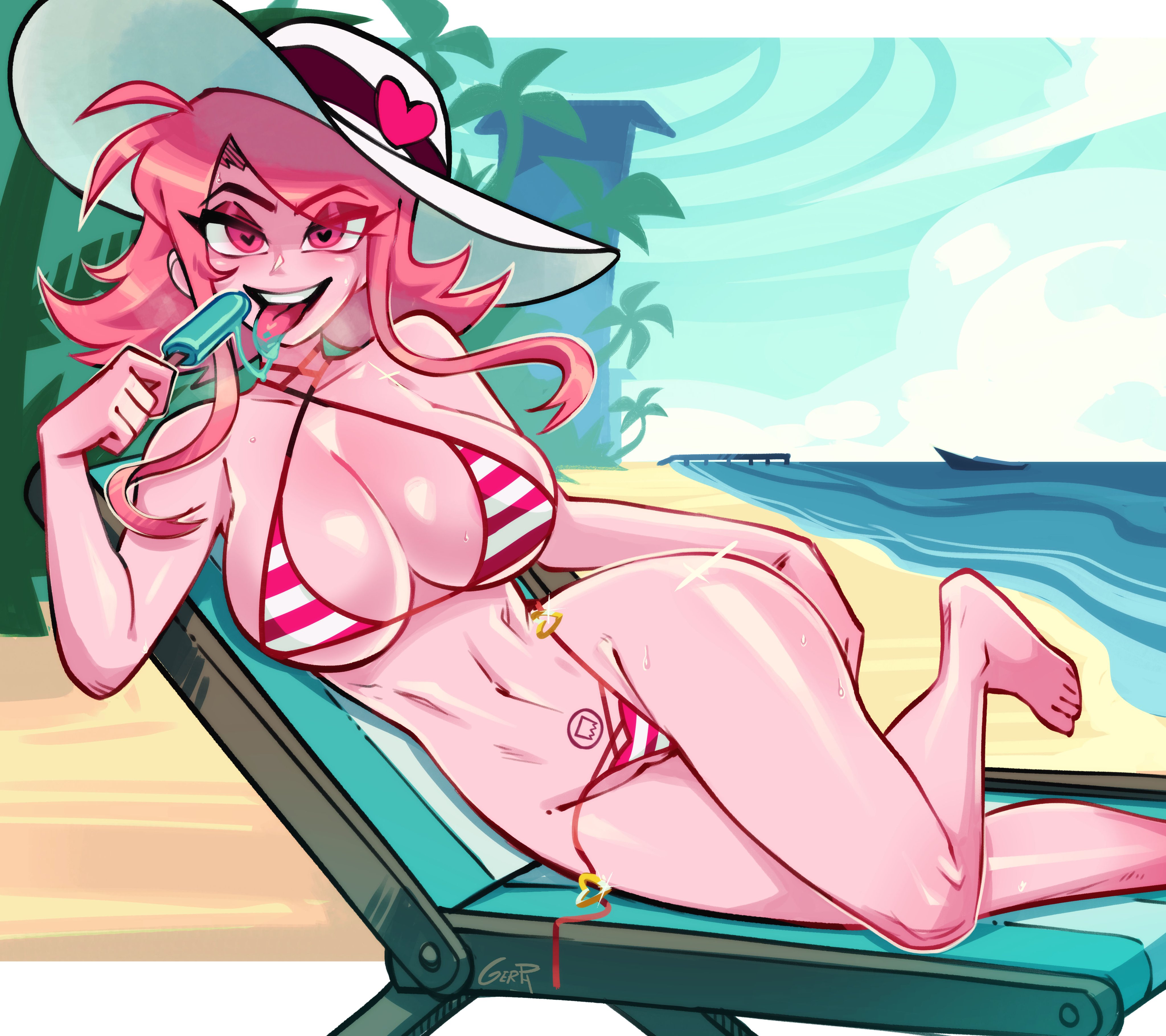 1girls, 2025, 2d, 2d (artwork), 2d artwork, artist name, ass, barefoot, beach, beach chair, beach hat, belly button, big ass, big breasts, bikini, branding mark, breasts, cartoon network, english, english text, feet, female, female focus, female only, gerph, heart, heart eyes, heart-shaped pupils, laying down, laying on side, miss heed (villainous), mostly nude, mostly nude female, nude, nude female, pink body, pink eyes, pink hair, pink skin, pink-haired female, pink-skinned female, popsicle, pubic tattoo, reupload, sling bikini, solo, solo female, solo focus, striped bikini, sun hat, sweat, sweatdrop, sweating, sweaty, sweaty body, sweaty breasts, sweaty legs, sweaty thighs, text, thick thighs, thighs, tongue, tongue out, villainous, warner bros, warner brothers