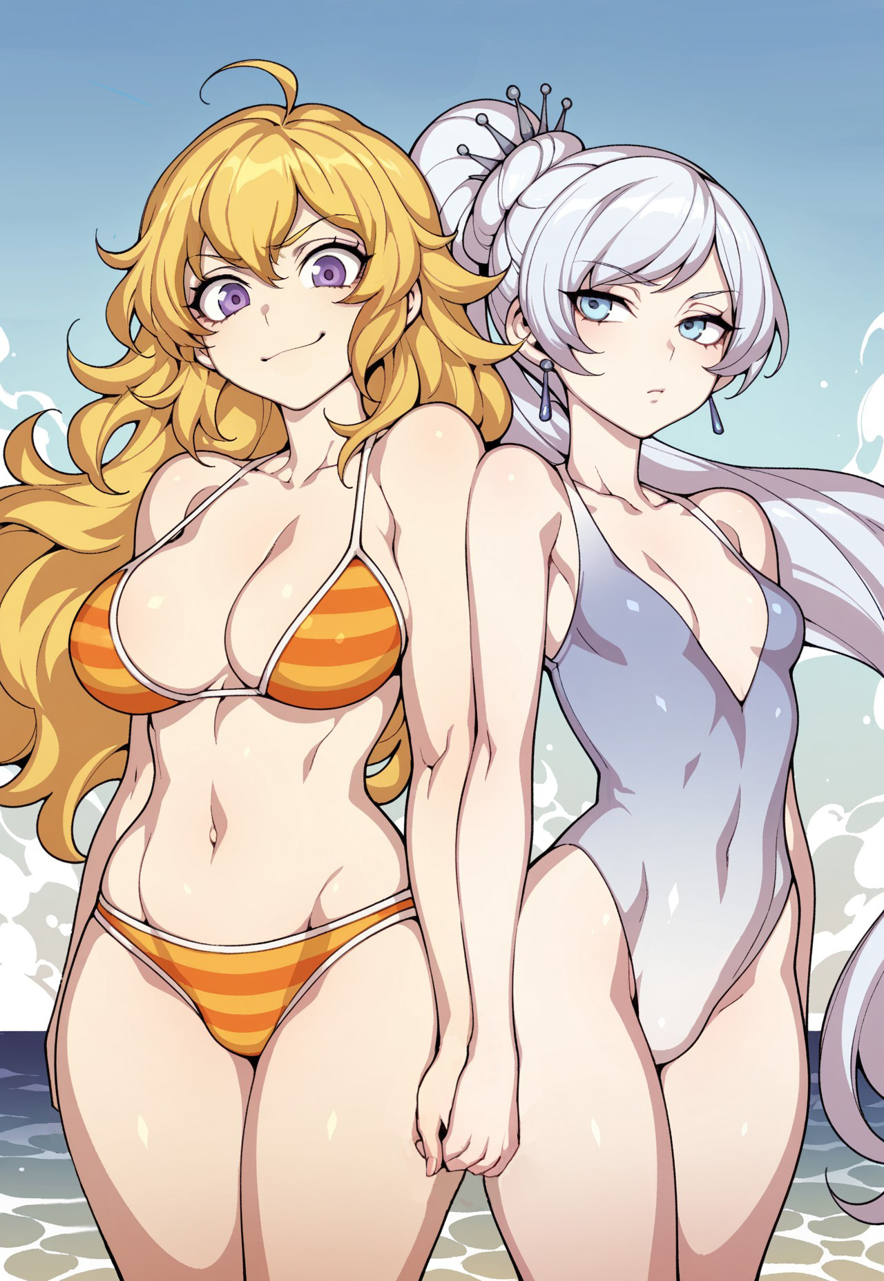 2girls, ai generated, bikini, blonde hair, blue eyes, dsp, female, female only, long hair, ponytail, rwby, side ponytail, tagme, tiara, weiss schnee, white hair, yang xiao long