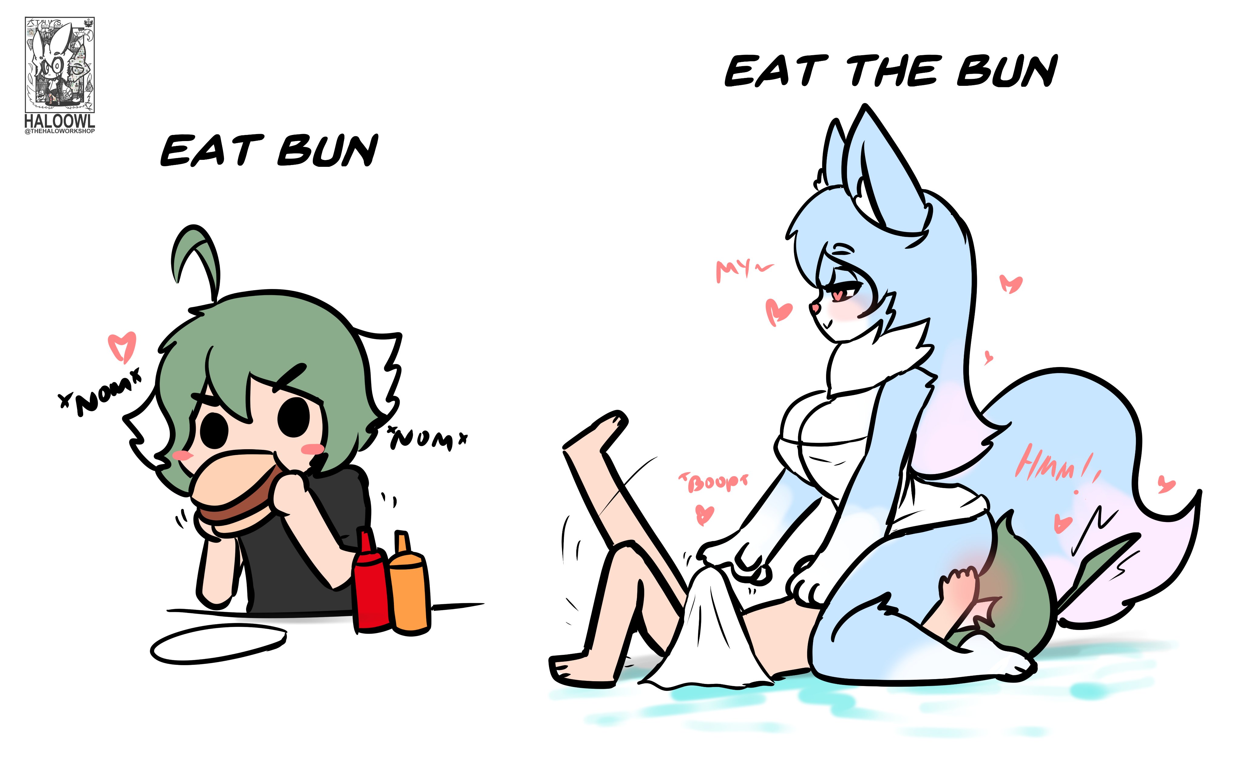 1boy, 1girls, blue fur, boner, burger, cunnilingus, cute, facesitting, female, fox, furry, haloowl, heart-shaped pupils, male, naked, nude, sex, towel
