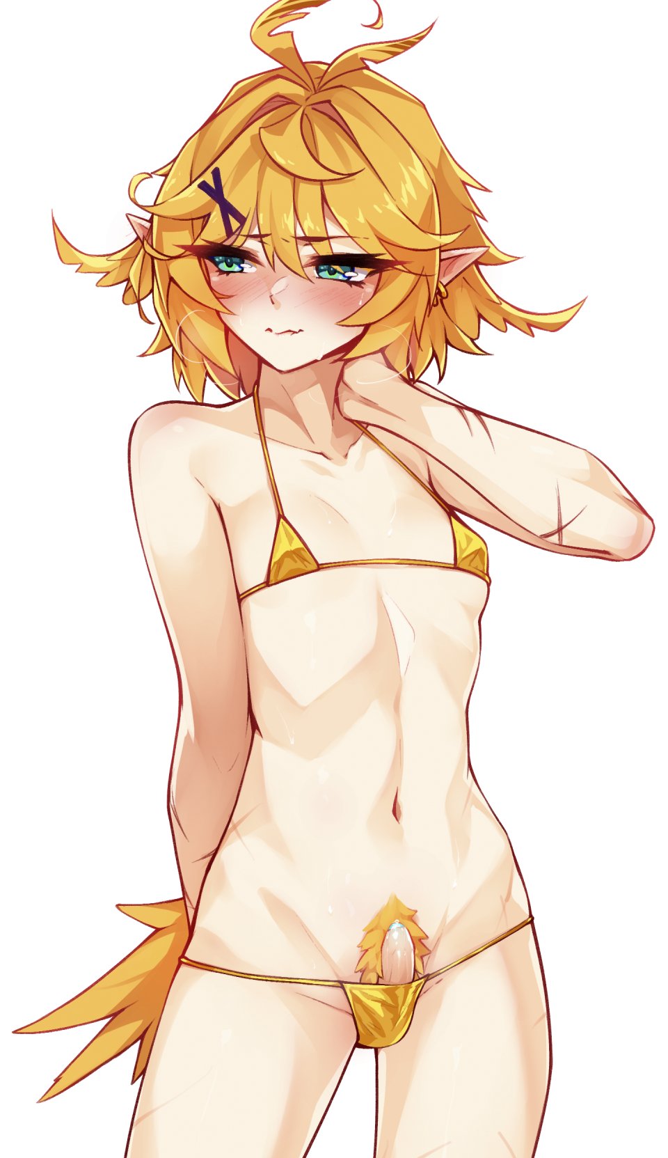 ahoge aqua_eyes bare_arms bare_legs bare_shoulders bikini blonde_hair blonde_pubic_hair blush breasts collarbone commentary cowboy_shot cross_scar dokibird_(vtuber) embarrassed erection excessive_pubic_hair eyes_visible_through_hair fang_out female female_pubic_hair futanari gold_bikini golden_week golden_week_bikini hair_between_eyes hair_ornament highres indie_virtual_youtuber looking_to_the_side navel oerba_yun_fang penis penis_in_swimsuit pointy_ears pubic_feathers pubic_hair ricegnat scar short_hair simple_background small_breasts small_penis solo stomach string_bikini swimsuit symbol-only_commentary tail uncensored virtual_youtuber wavy_mouth white_background x_hair_ornament