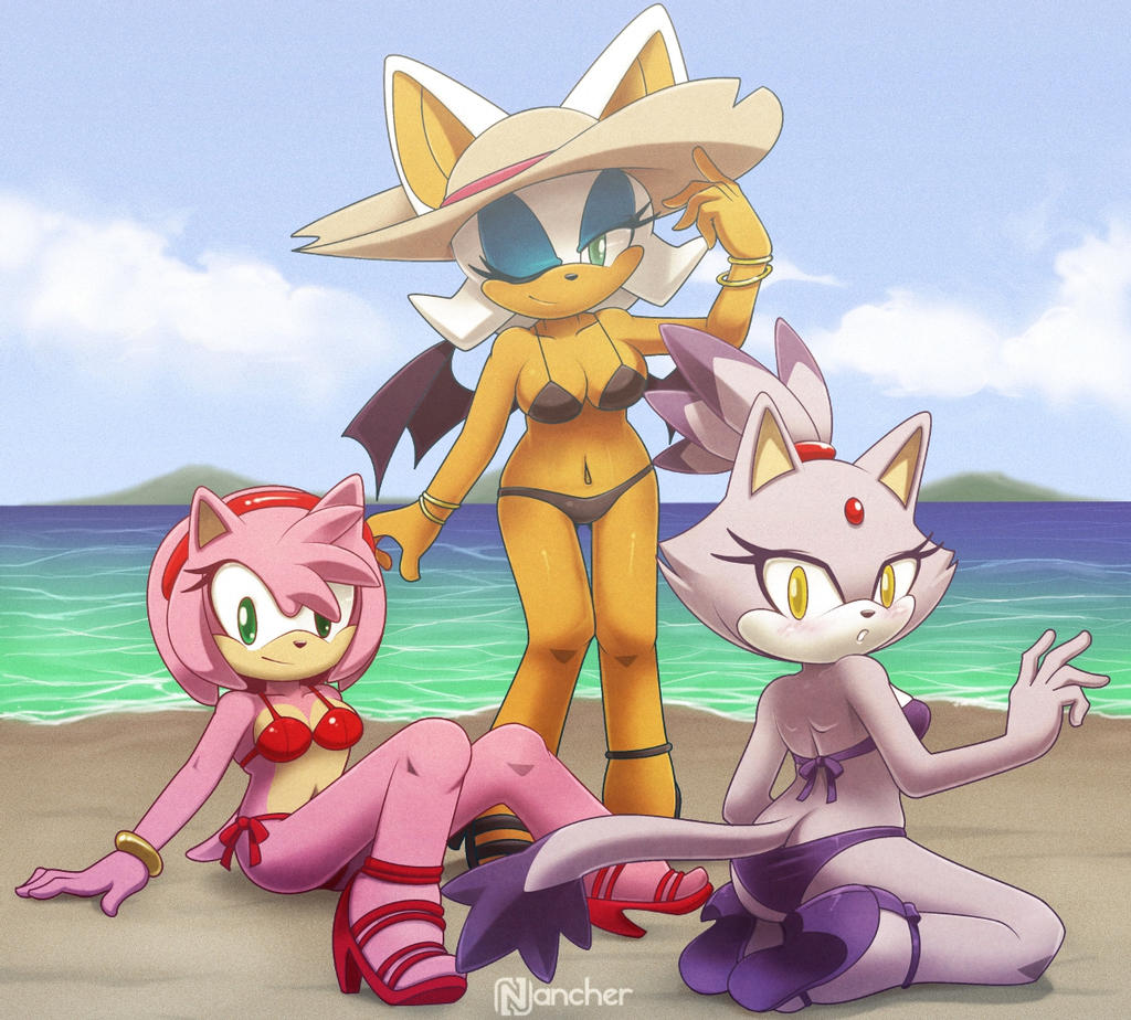 3girls amy_rose anthro ass bat_wings beach bikini blaze_the_cat breasts female_only green_eyes high_heels highres looking_at_viewer multiple_girls nancher pink_hair pink_skin rouge_the_bat seaside sonic_(series) sonic_team sonic_the_hedgehog_(series) summer tail wink winking_at_viewer yellow_eyes