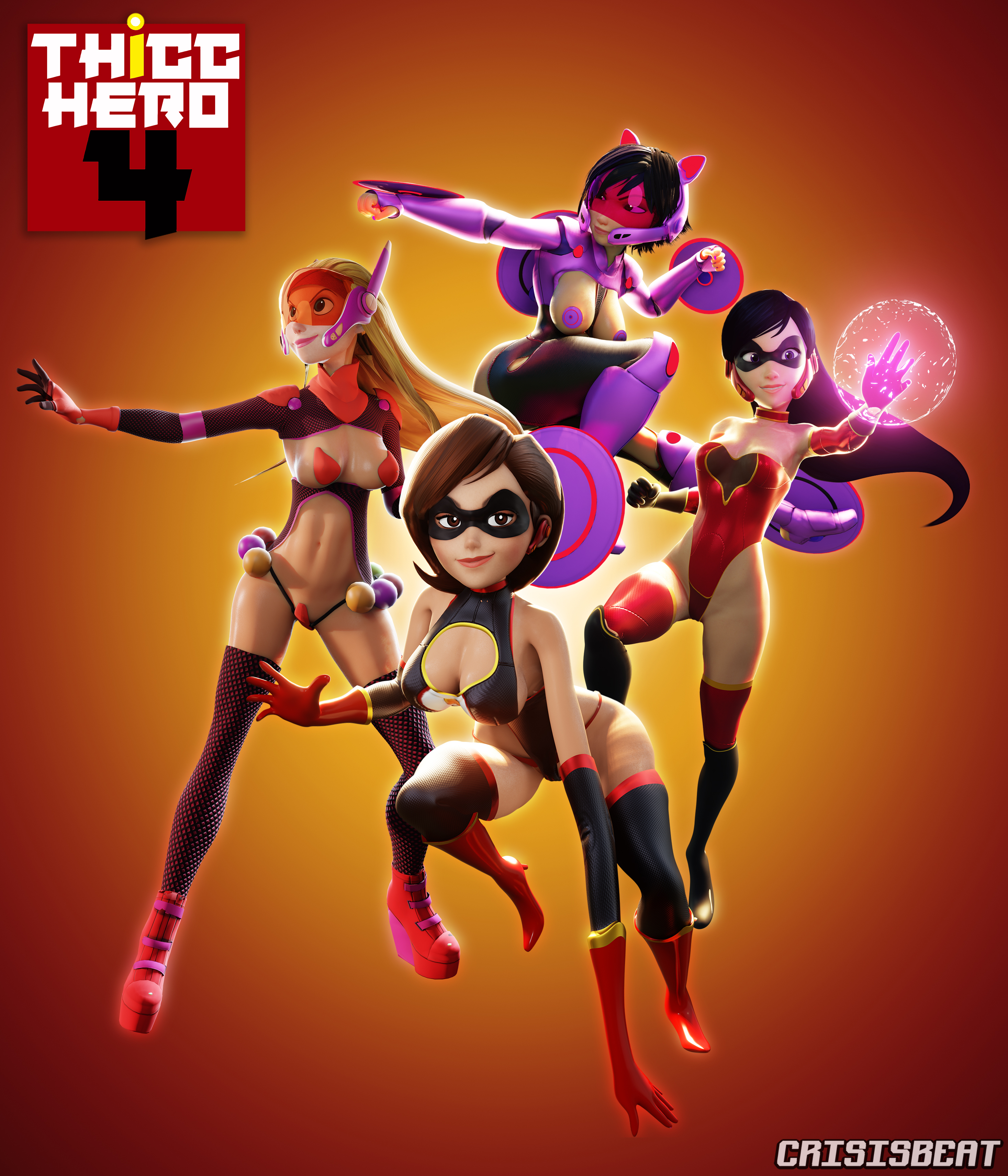 3d, 3d (artwork), 4girls, armwear, belly button, big breasts, big hero 6, black hair, blonde hair, breasts, brown hair, bust, busty, cleavage, cleavage cutout, clothing, costume, crisisbeat, crossover, disney, domino mask, elastigirl, eyewear, female, female only, fit, fit female, footwear, gogo tomago, handwear, helen parr, hips, honey lemon, huge breasts, large breasts, legs, legwear, leotard, logo, long hair, looking at viewer, lower body, marvel, marvel comics, mask, masked, milf, mother, parody, partially visible vulva, pixar, pussy, short hair, smooth skin, stomach, superhero, superheroine, the incredibles, thicc hero 4, thick legs, thick thighs, thighs, upper body, violet parr, voluptuous, waist
