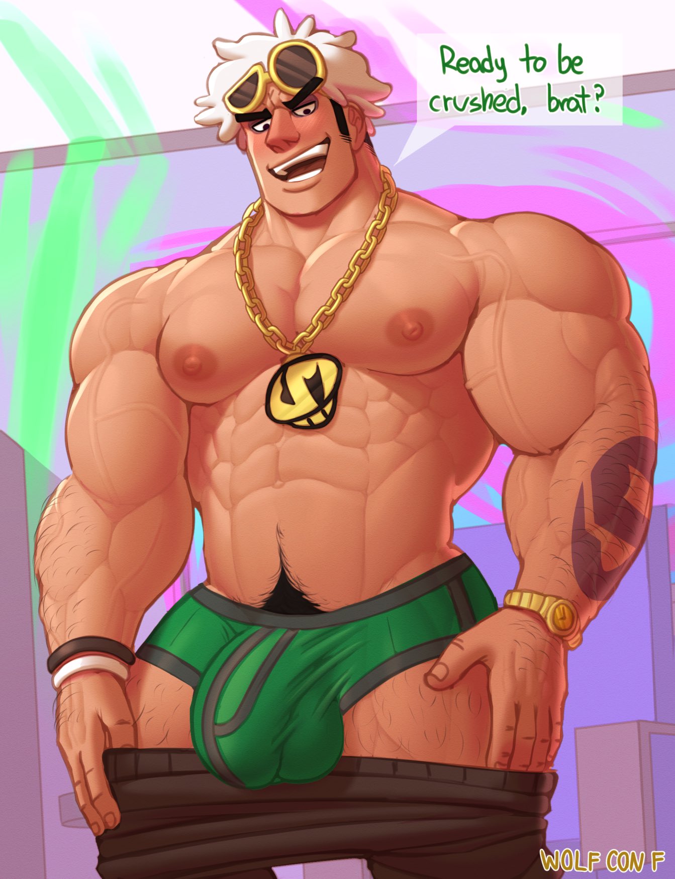 arm hair, balls, bara, body hair, bulge, dominant, domination, eyewear, flaccid, gay, glasses on head, gold jewelry, green underwear, guzma (pokemon), human, jewelry, leg hair, looking at viewer, looking down, male, male only, muscles, muscular, muscular male, nipples, open mouth, pants pulled down, penis, pokemon, pokemon sm, pubic hair, shirtless, smiling, solo, speech bubble, sunglasses, sunglasses on head, tattoo, teeth, tongue, underwear, undressing, vein, veins, veiny arms, veiny muscles, watch, white hair, wolf con f, wristband, wristwear, yaoi