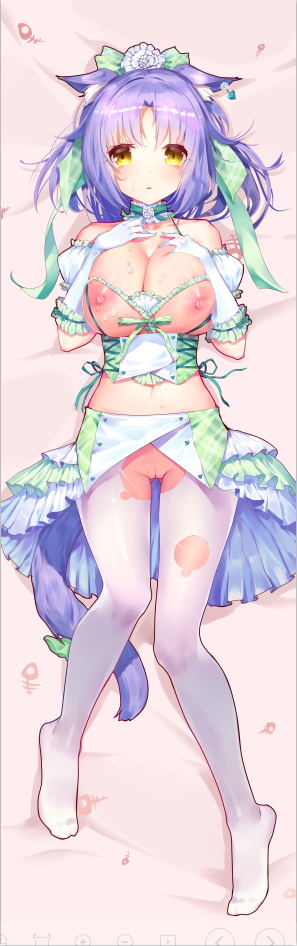 animal_ears archway_of_venus bangs bare_shoulders bed_sheet breastless_clothing breasts cat_tail choker cinnamon_(sayori) cleavage dakimakura detached_sleeves female female full_body gloves gluteal_fold green_ribbons hair_ornament hair_ribbon hands_on_own_chest large_breasts long_image looking_at_viewer lying medium_hair midriff nekomimi nekopara nipples nopan on_back pantyhose parted_lips puffy_detached_sleeves puffy_sleeves purple_hair ribbon solo t_lege_d tail tall_image torn_clothes torn_legwear torn_pantyhose vagina white_gloves white_legwear yellow_eyes