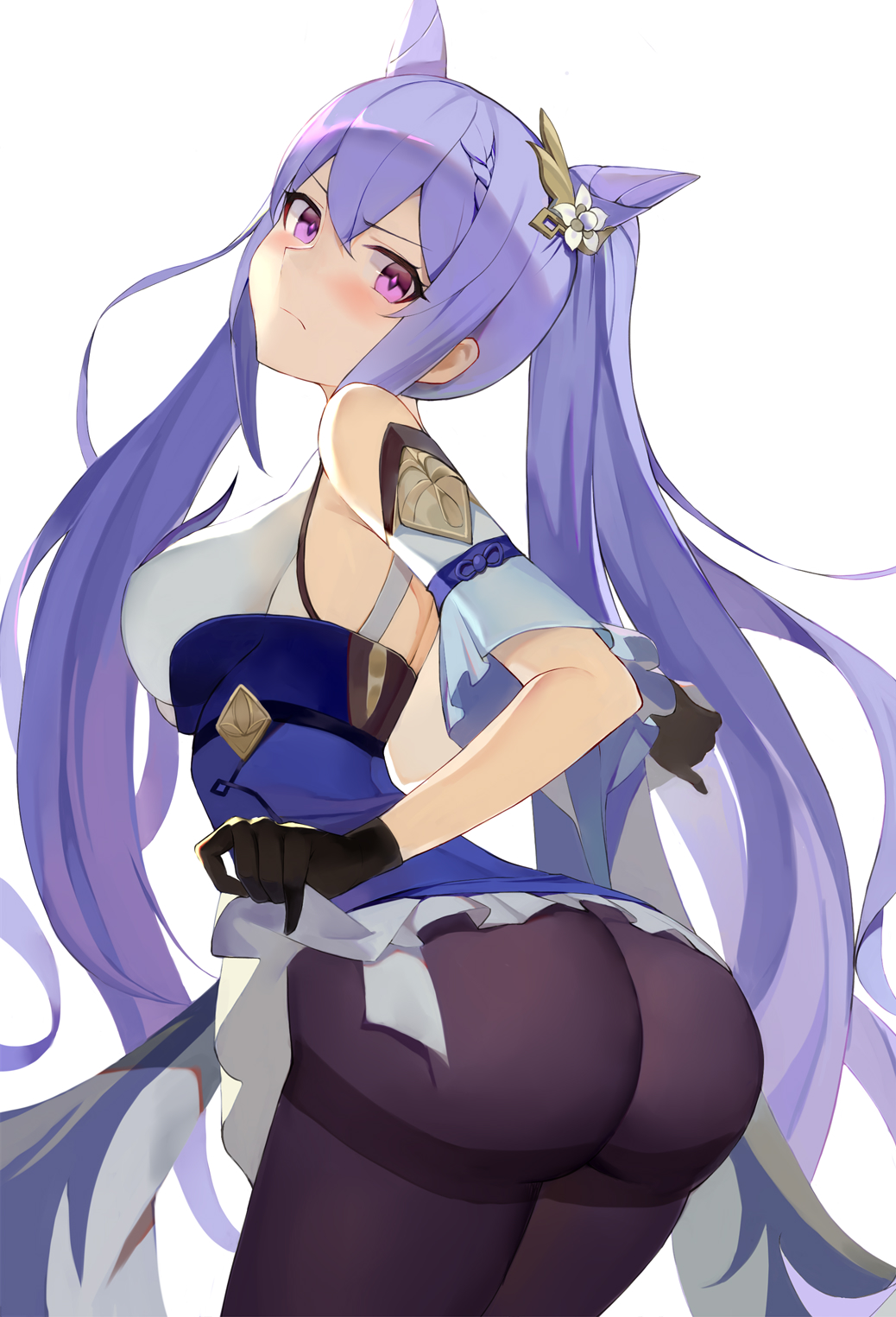 annoyed, ass, bare shoulders, big ass, blush, breasts, cat ears, dress, dress lift, embarrassed, female, from behind, fully clothed, genshin impact, gloves, hair ornament, huge ass, keqing (genshin impact), long hair, looking at viewer, ocarino, pantyhose, pixiv, purple eyes, purple hair, shiny, shiny hair, short dress, sideboob, skirt, solo, tied hair, twintails, very long hair, white background