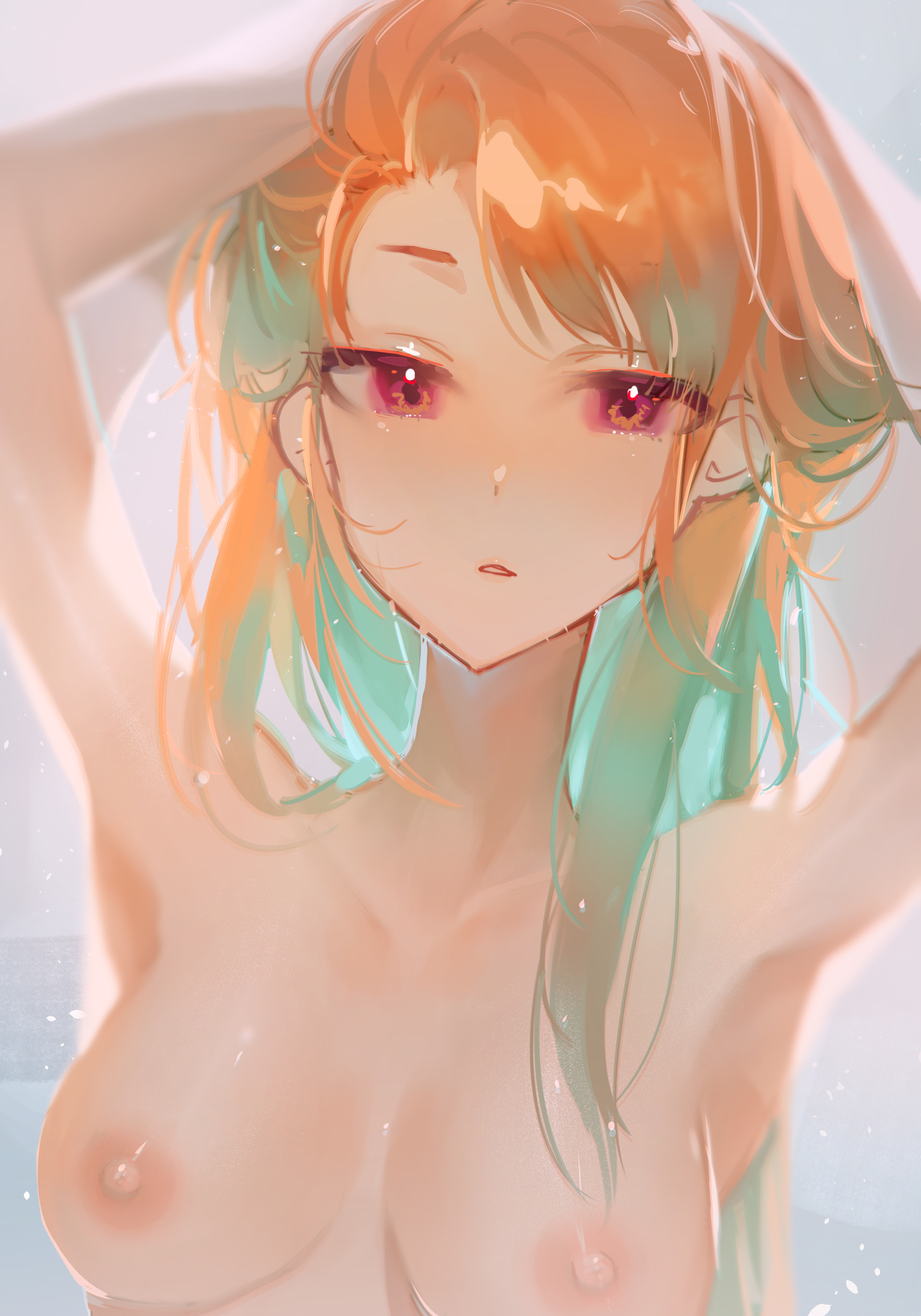armpits, arms up, bathing, blue hair, breasts, female, gradient hair, hololive, hololive english, hololive myth, looking at viewer, miisuuuuuuuuuuu, nipples, nude, orange hair, red eyes, shower, solo, steam, takanashi kiara, virtual youtuber