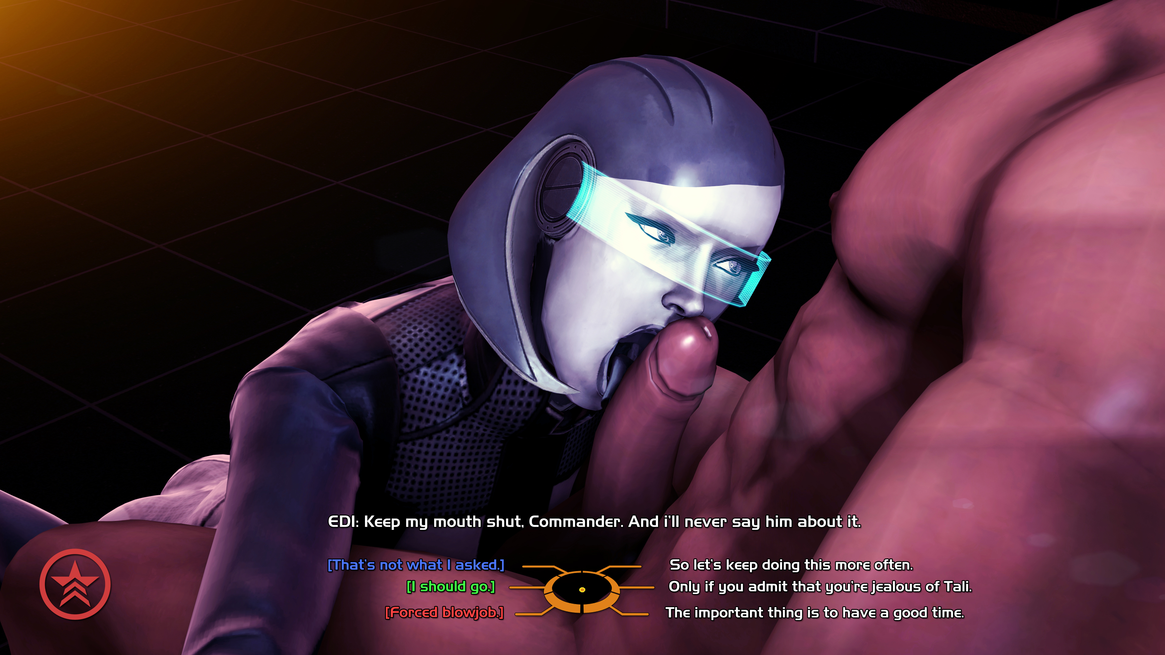 1boy, 1girls, 3d, abs, bioware, blowjob, blue-tinted eyewear, bodysuit, breasts, catsuit, commander shepard, cyborg, dialogue, edi, fellatio, female, freemale, human, large penis, latex, licking penis, lipstick, male, maleshep, mass effect, mass effect 3, muscular, muscular male, oral, outercourse, paizuri, penis, sex, source filmmaker, technophilia, text, tinted eyewear, visor