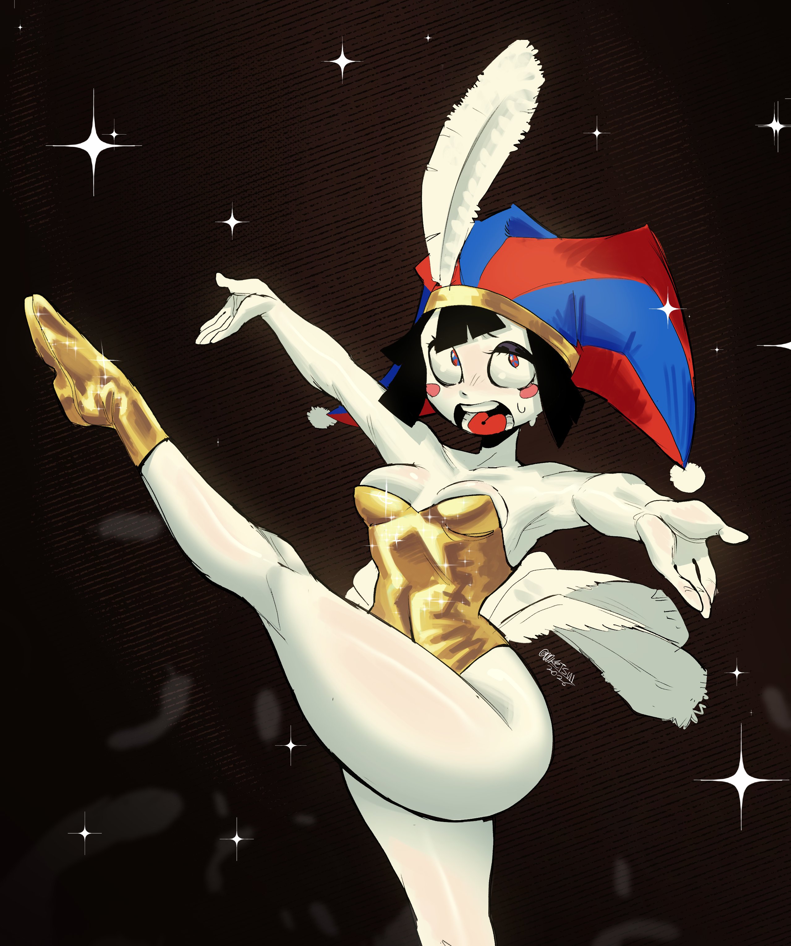 00ketsui, body control, color, dancing, female, golden leotard, hjsakldfhl (tadc), pomni (dancer outfit), pomni (the amazing digital circus), the amazing digital circus, twitter link