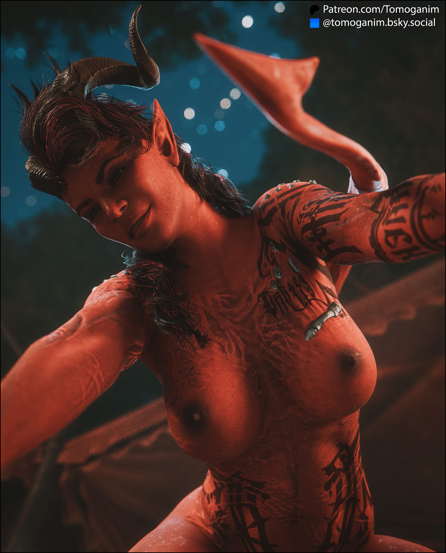 2026, 3d, abs, athletic female, baldur's gate, baldur's gate 3, bedroom eyes, bicolored hair, black hair, blender (software), body scars, broken horn, burn scar, dungeons and dragons, erect nipples, fantasy, female on top, forgotten realms, hard nipples, horn, horns, humanoid, karlach, looking at viewer, medieval fantasy, muscle mommy, muscular, muscular female, naked, nude, nude female, pointy ears, pov, red hair, red skin, red-skinned female, scarf, scars, smile, smiling, tail, tattoo, tattooed female, tattoos, tiefling, tiefling girl, tomoganim