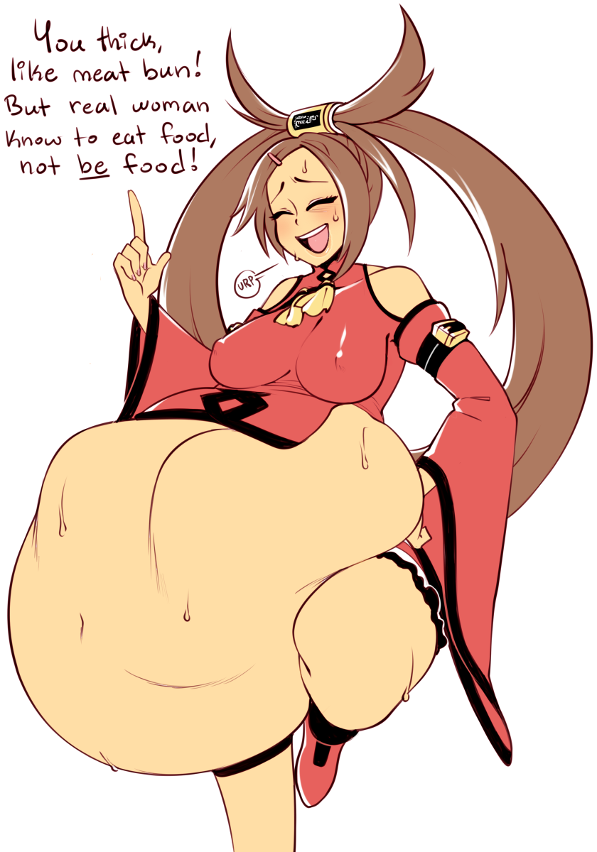 2girls big_belly big_breasts blush brown_hair chinese_dress closed_eyes colored dizzy_(guilty_gear) edit english_text female guilty_gear kuradoberi_jam nyxondyx ponytails sweat thick_thighs visible_nipples vore white_background