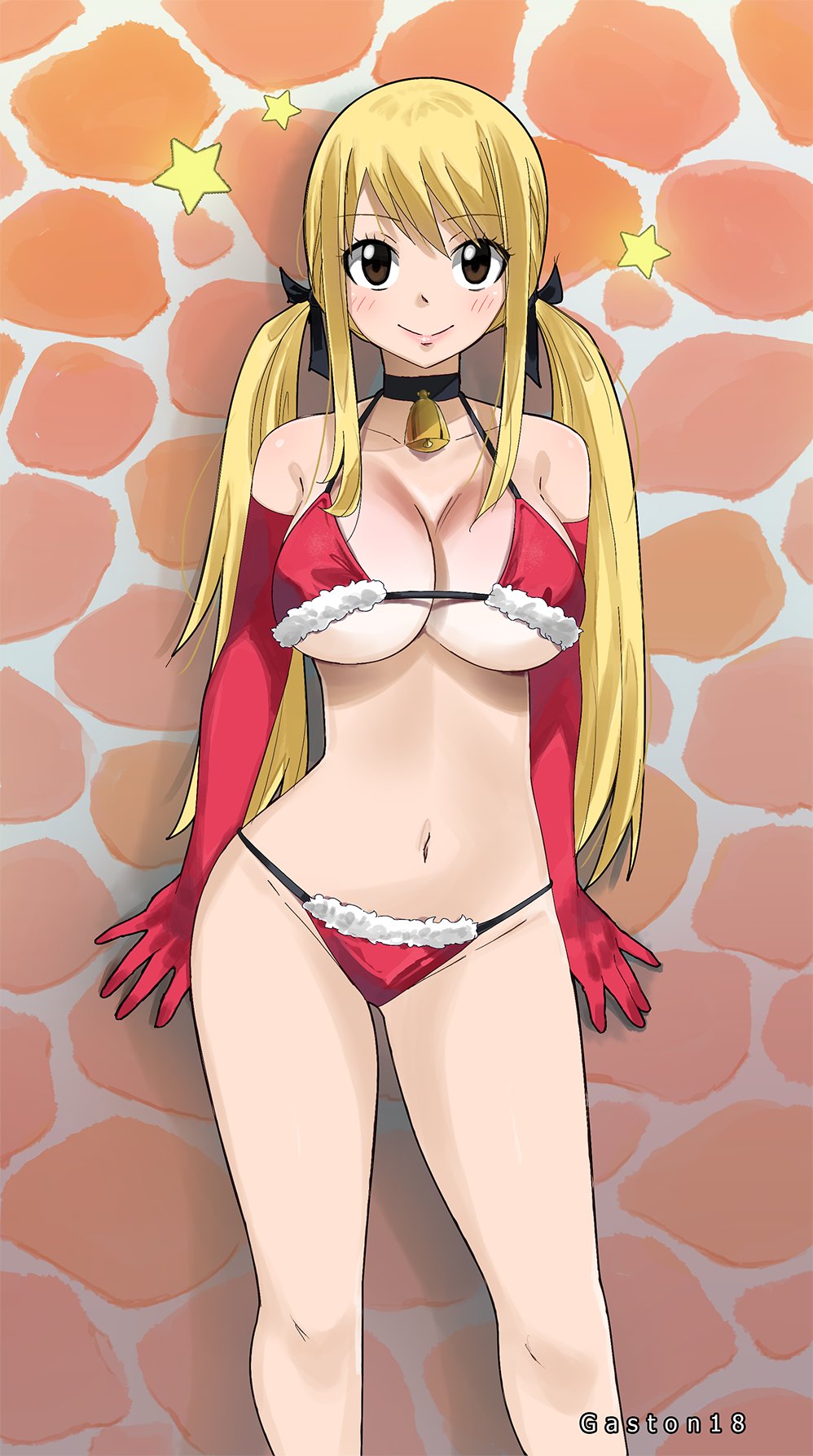1girls, against wall, armwear, artist name, bell, big breasts, bikini, bikini bottom, blonde hair, blonde-haired female, blush, breasts, brown eyes, christmas, cleavage, collar, eyebrows visible through hair, fairy tail, female, gaston18, gloves, linea alba, lucy heartfilia, panties, red bikini, small panties, standing, star, twintails