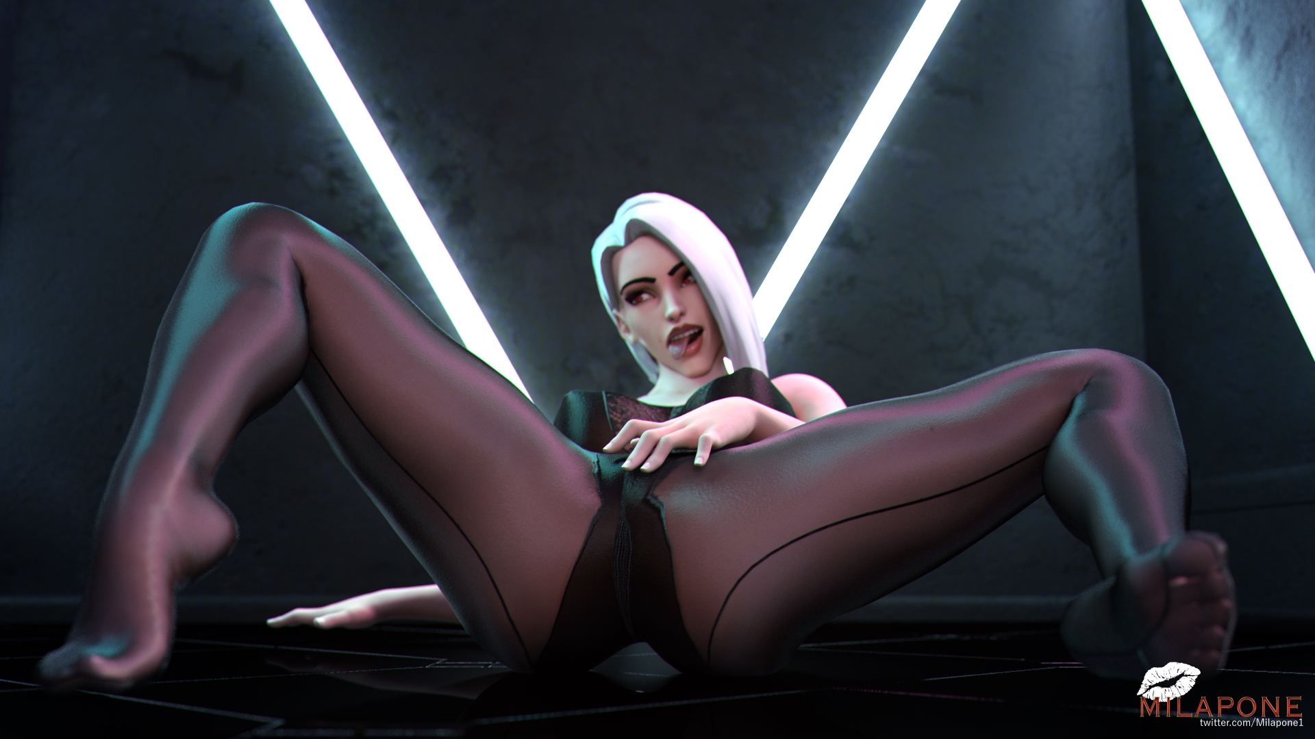 :p, 1girls, 3d, ashe (overwatch), blizzard entertainment, eyelashes, eyeshadow, feet, female, foot fetish, inviting to sex, legs, light skin, lingerie, masturbation, medium hair, milapone, naughty face, on floor, overwatch, pantyhose, presenting pussy, pussy, red eyes, red lipstick, slim, soles, spread legs, thick thighs, toes, tongue, tongue out, white hair