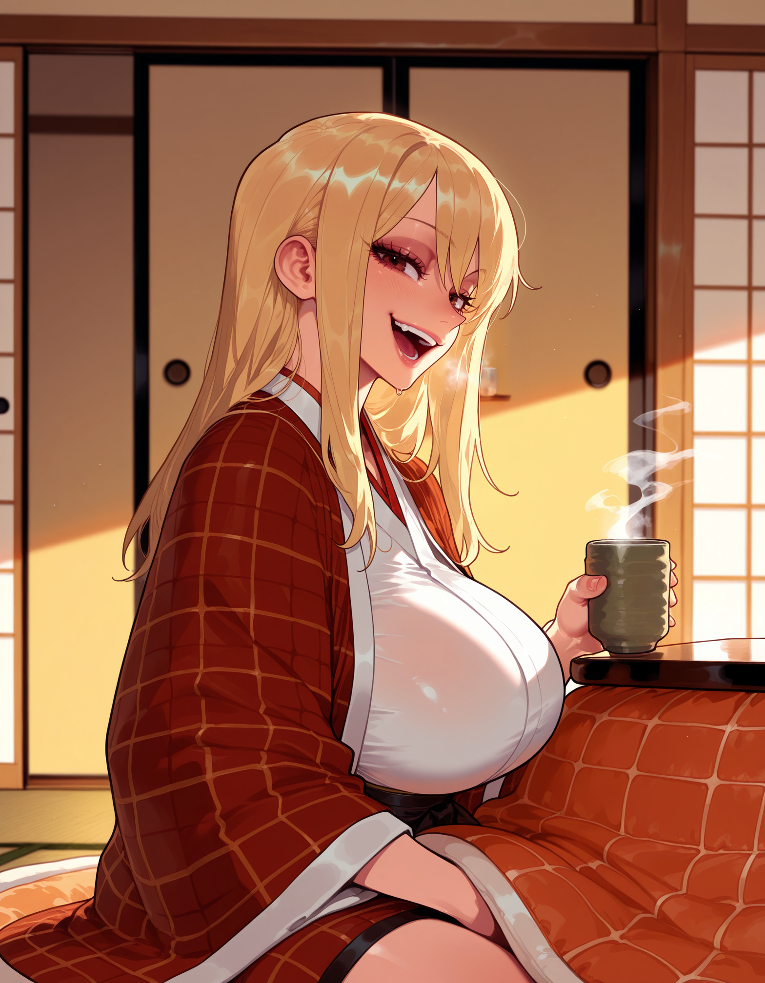 :d, 1girls, ai generated, balecxi, blonde hair, blush, breasts, brown eyes, clothing, cup, curvaceous, curvaceous female, curvaceous figure, curvy, curvy figure, fairy tail, fairy taile, fangs, female, female focus, female only, from side, hanten (clothes), holding, holding cup, huge breasts, indoors, japanese clothes, kimono, kotatsu, large breasts, long hair, looking at viewer, lucy heartfilia, open mouth, red eyes, shouji, sitting, sliding doors, smile, solo, steam, table, teeth, thighs, under the table, voluptuous, voluptuous female, white kimono, wide sleeves, zabuton