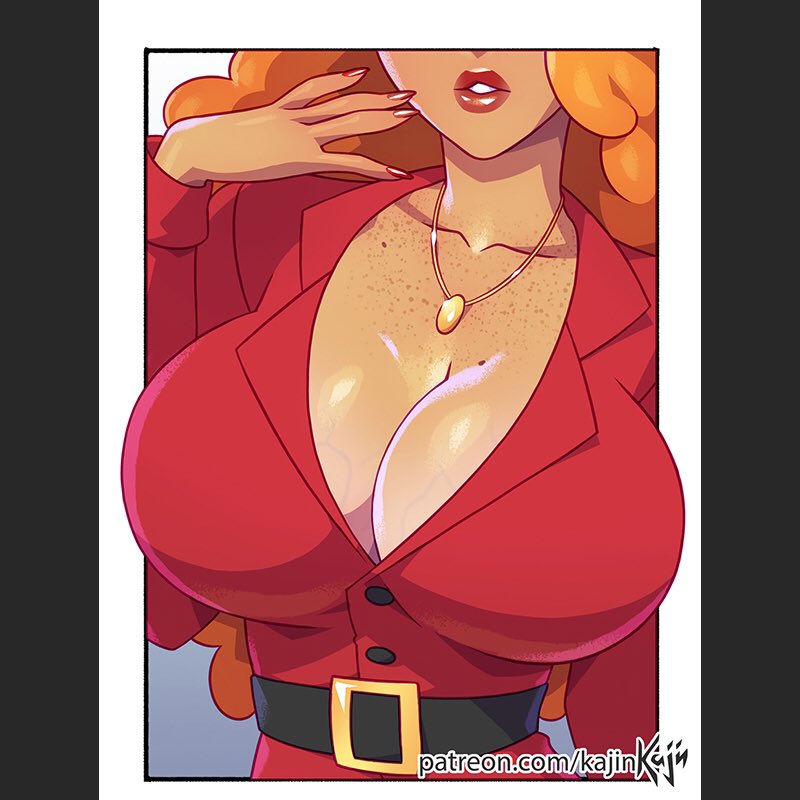 1girls, belt, breasts, cleavage, clothed, curly hair, female, female only, freckles, freckles on chest, kajinman, large breasts, lipstick, long fingernails, long hair, mole, mole on breast, necklace, powerpuff girls, red hair, sara bellum, shiny breasts, solo, tan skin, veiny breasts, voluptuous