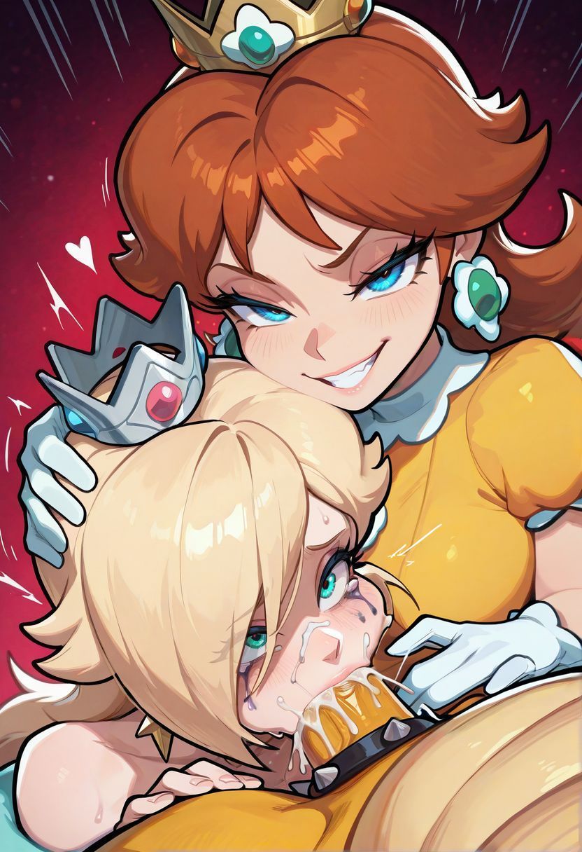 1boy, 2girls, ai generated, assisted fellatio, bad end, bowser, broken rape victim, captured heroine, corrupted, corruption, fellatio, female assisted blowjob, female assisted rape, femsub, forced oral, interspecies, kneeling, male pov, mario (series), mind break, nintendo, on knees, princess daisy, princess rosalina, rape, royalty, straight, submissive, submissive female