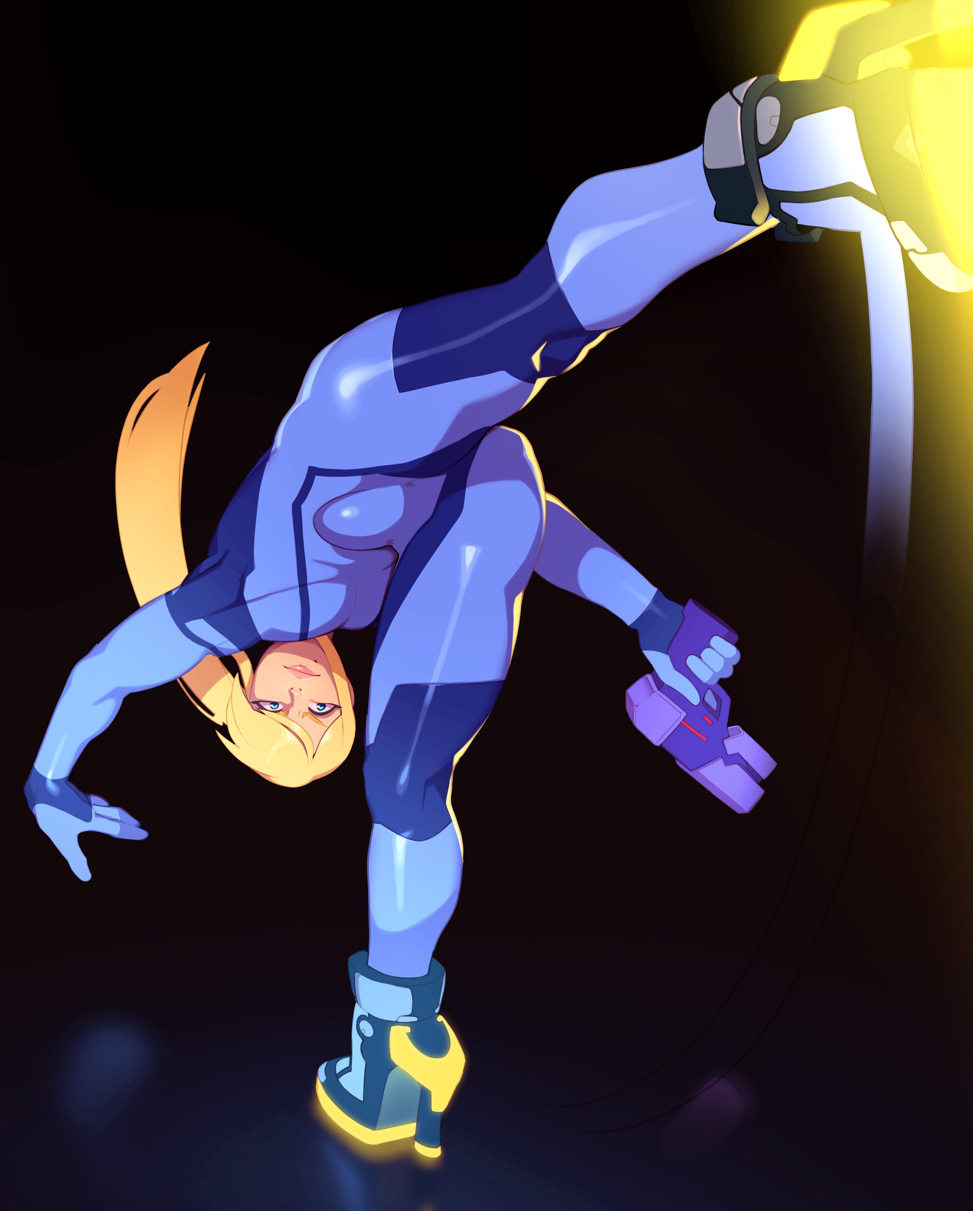 1boy, 1femboy, absurdres, bodysuit, bulge, combos-n-doodles, femboy, feminine male, firearm, genderswap, genderswap (ftm), girly, handgun, high heels, highres, human, legwear, looking at viewer, male, male only, male samus, metroid, nintendo, otoko no ko, pale skin, rule 63, samus aran, solo, trap, weapon, wristwear, zero suit, zero suit samus