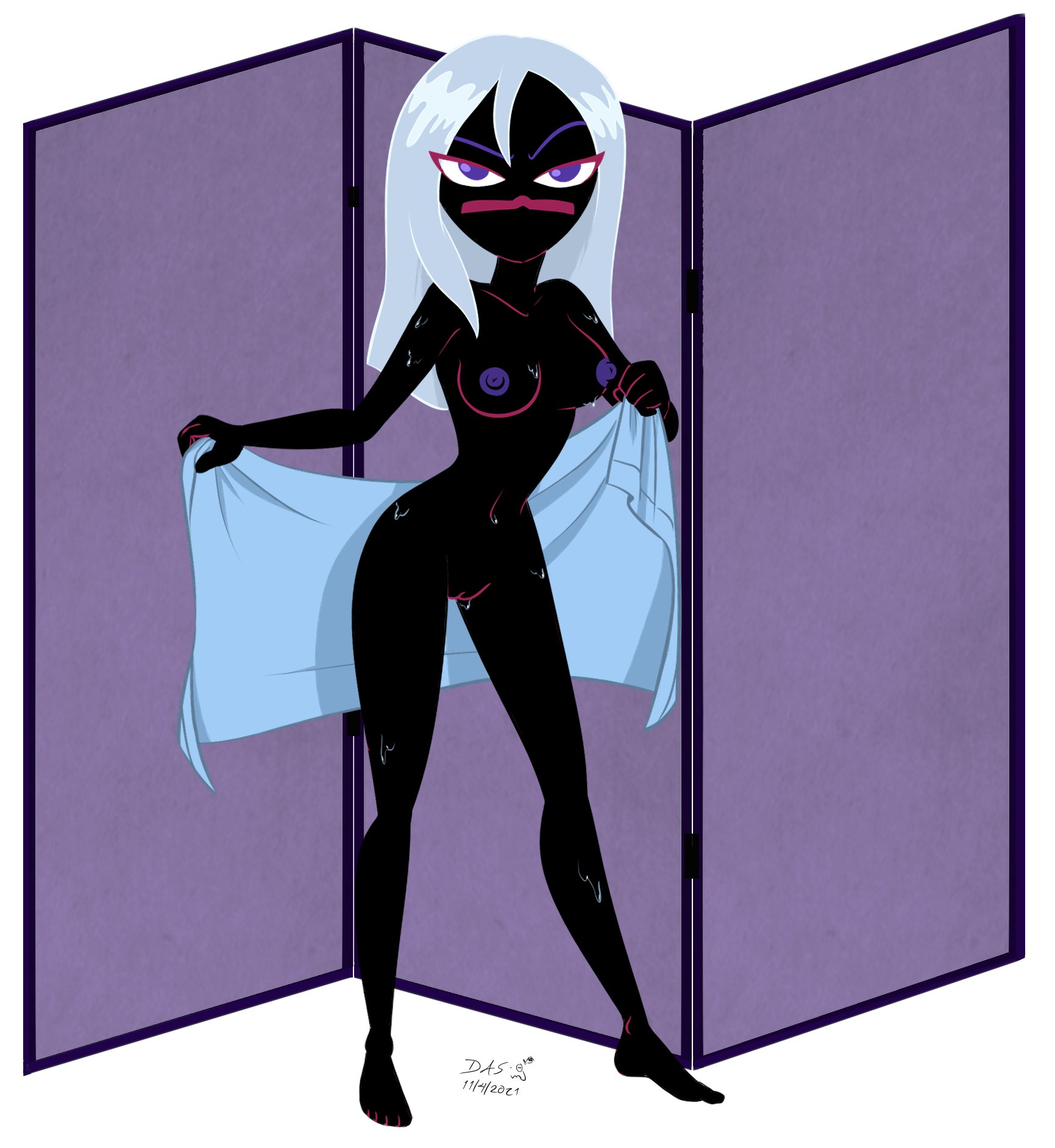 1girls, alien, alien girl, black skin, boobs, breasts, curvaceous, curves, curvy, curvy body, curvy female, curvy figure, duck dodgers, female, female only, medium breasts, medium hair, purple eyes, purple nipples, pussy, queen tyr'ahnee, red lips, solo, solo female, tits, towel, umayorokobi, vagina, warner brothers, wet, white background, white hair