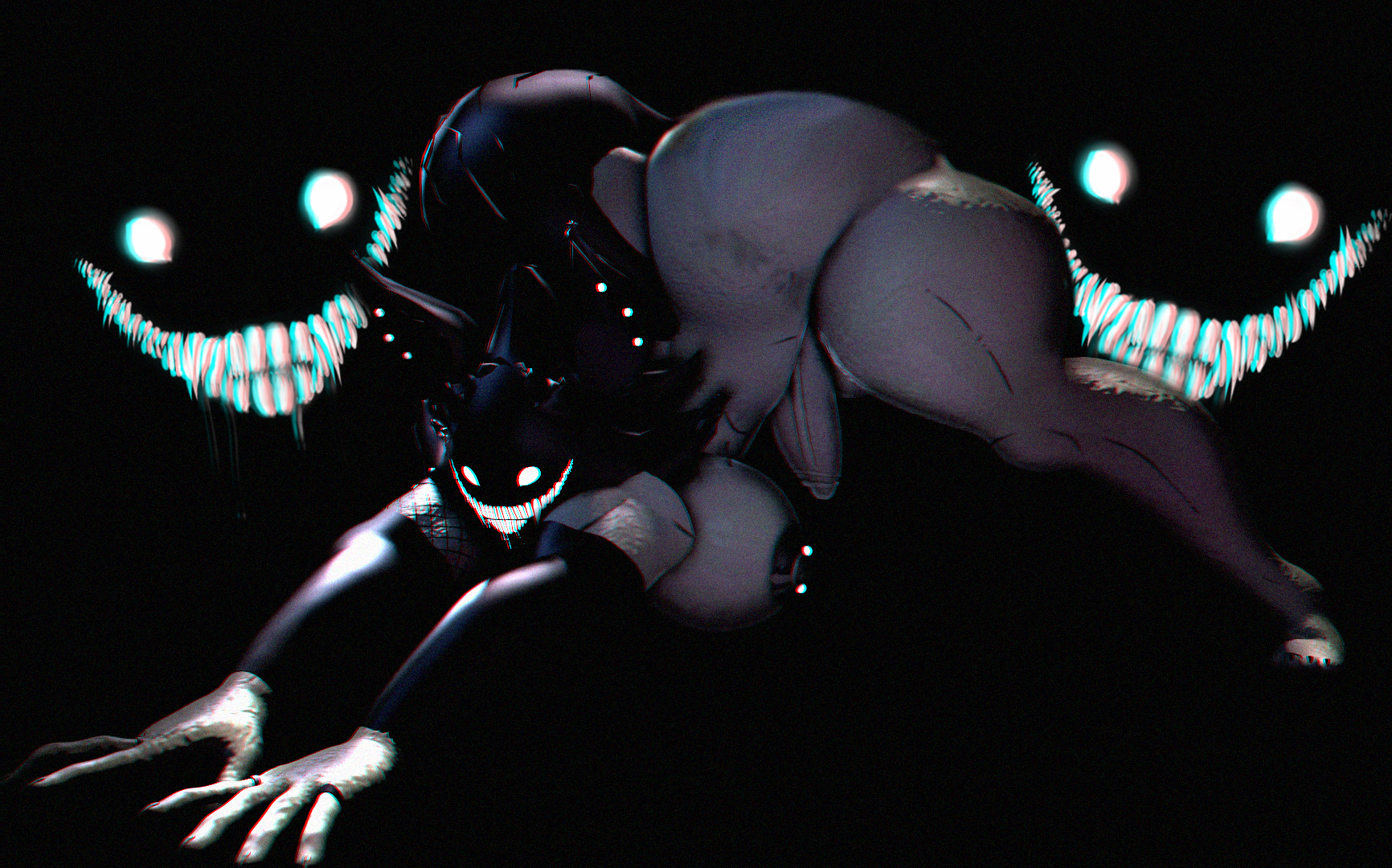 1futa, 3d, all fours, ass, backrooms, backrooms creature, big breasts, big penis, black background, black body, black skin, futa only, futanari, glowing, glowing eyes, glowing teeth, gray body, gray skin, grey body, grey skin, huge breasts, karelia (acerattman), karelia futanari (acerattman), nipples, nude futa, on all fours, smiler (the backrooms), solid color background, solo, solo futa