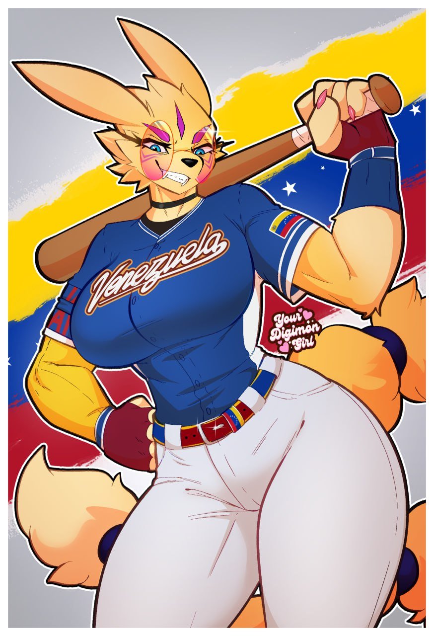 1girls, anthro, bandai namco, baseball bat, baseball uniform, big breasts, blue eyes, choker, clothing, digi (yourdigimongirl), digimon, digimon (species), fangs, female, female only, fit, fit female, fur, furry, glasses, grin, grinning at viewer, hand on hip, looking at viewer, round glasses, smiling, smiling at viewer, solo, taomon, thick thighs, toned, toned female, venezuelan flag, yellow fur, yourdigimongirl