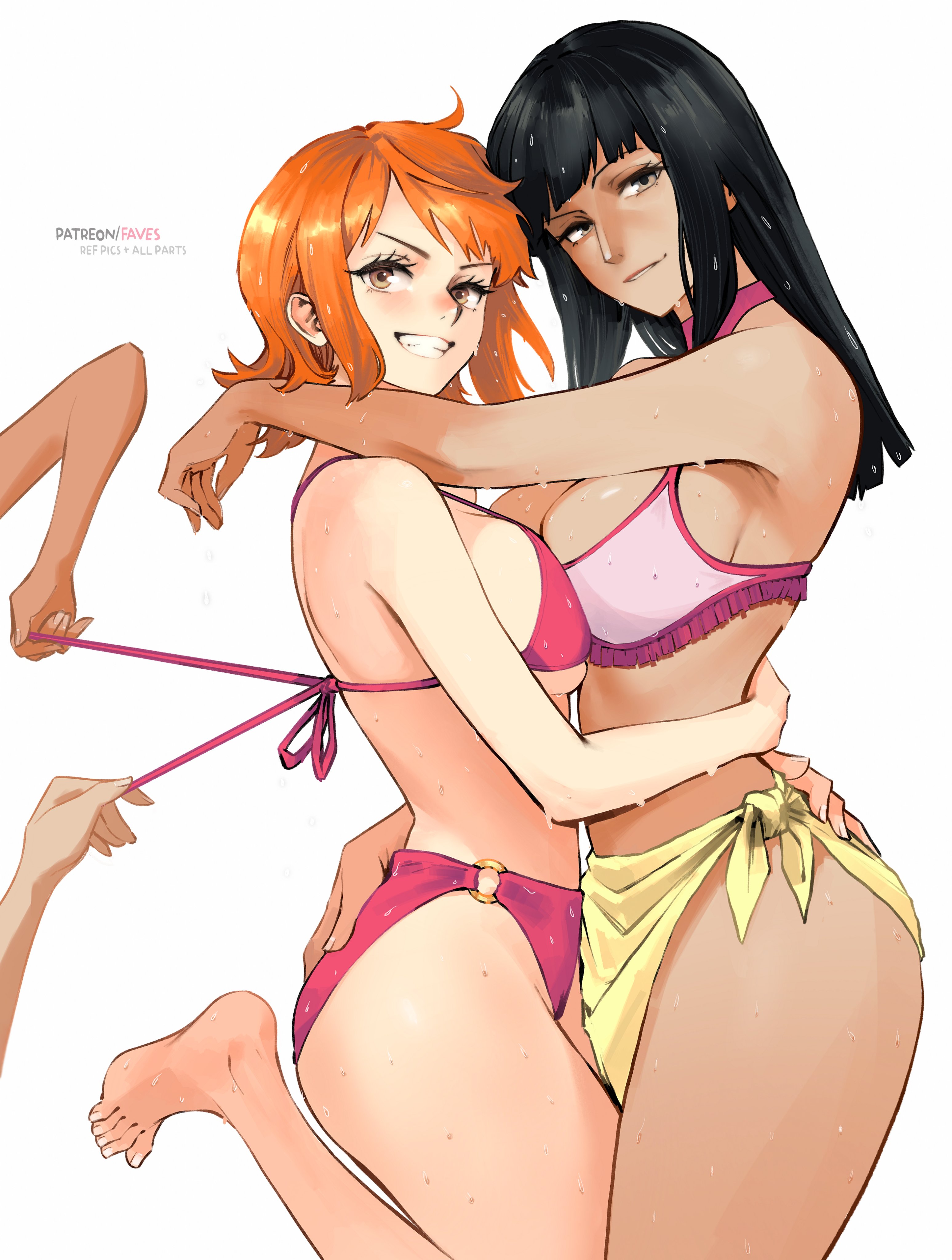 2girls, bikini, black hair, black-haired female, female, female only, huge breasts, light skin, long hair, medium hair, missfaves, nami (classic), nami (one piece), nico robin, one piece, orange hair, orange-haired female, pre-timeskip, sarong, standing on one leg, symmetrical docking, tan body, tan skin, voluptuous, wet