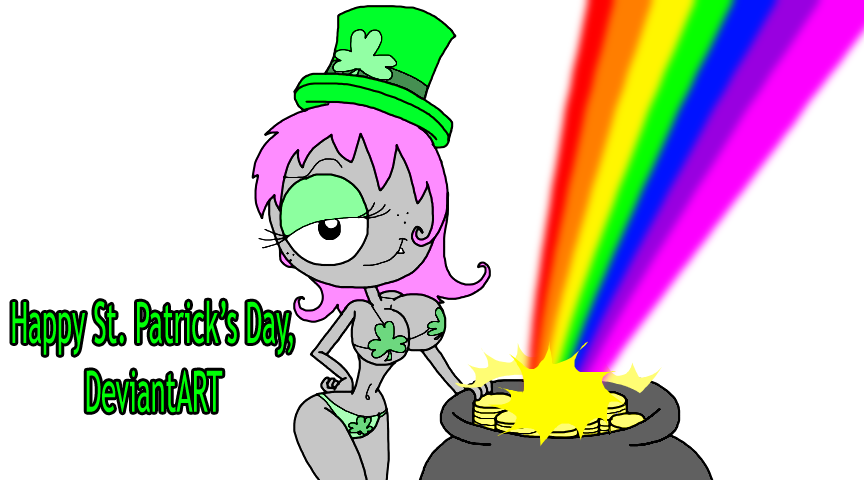 1girls bikini breasts burtonberg clover_bikini clover_panties cyclops female female_only green_bikini green_hat grey_skin hair_down hand_on_hip monster monster_girl montatora-501 omegusmaximus original_character panties pink_hair pot_of_gold rainbow raised_eyebrow saint_patricks_day shamrock simone_pazookie_(montatora-501) smile st._patrick's_day