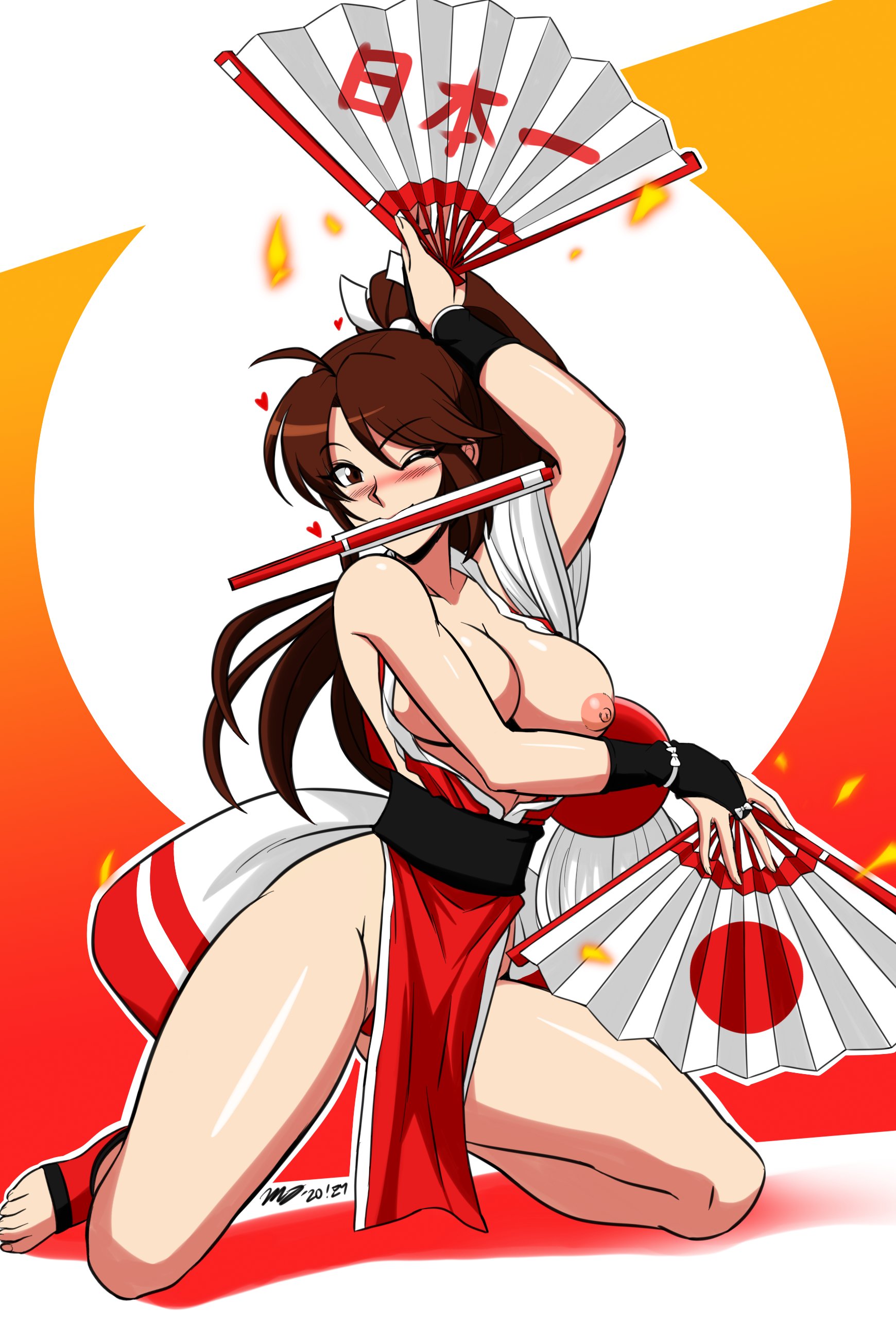 1girls, blush, brown hair, fan, fatal fury, female, king of fighters, kneeling, mai shiranui, mergeritter, ponytail, snk, solo, topless, wink