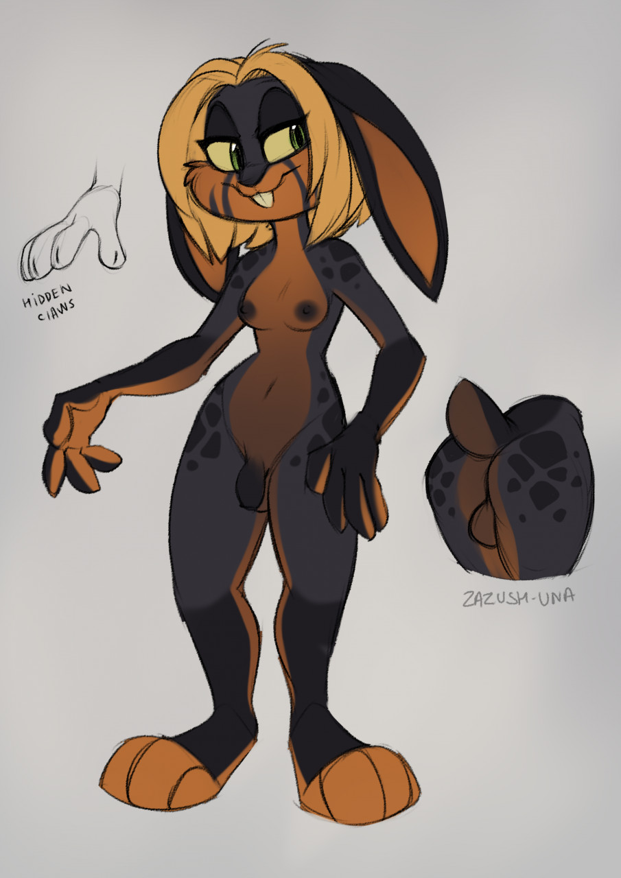 anthro backsack balls biped blonde_hair breasts buckteeth floppy_ears futanari genitals gynomorph hair hi_res intersex lagomorph leporid lop_ears mammal navel nipples paws penis rabbit solo teeth zazush-una zazush_(zazush-una)