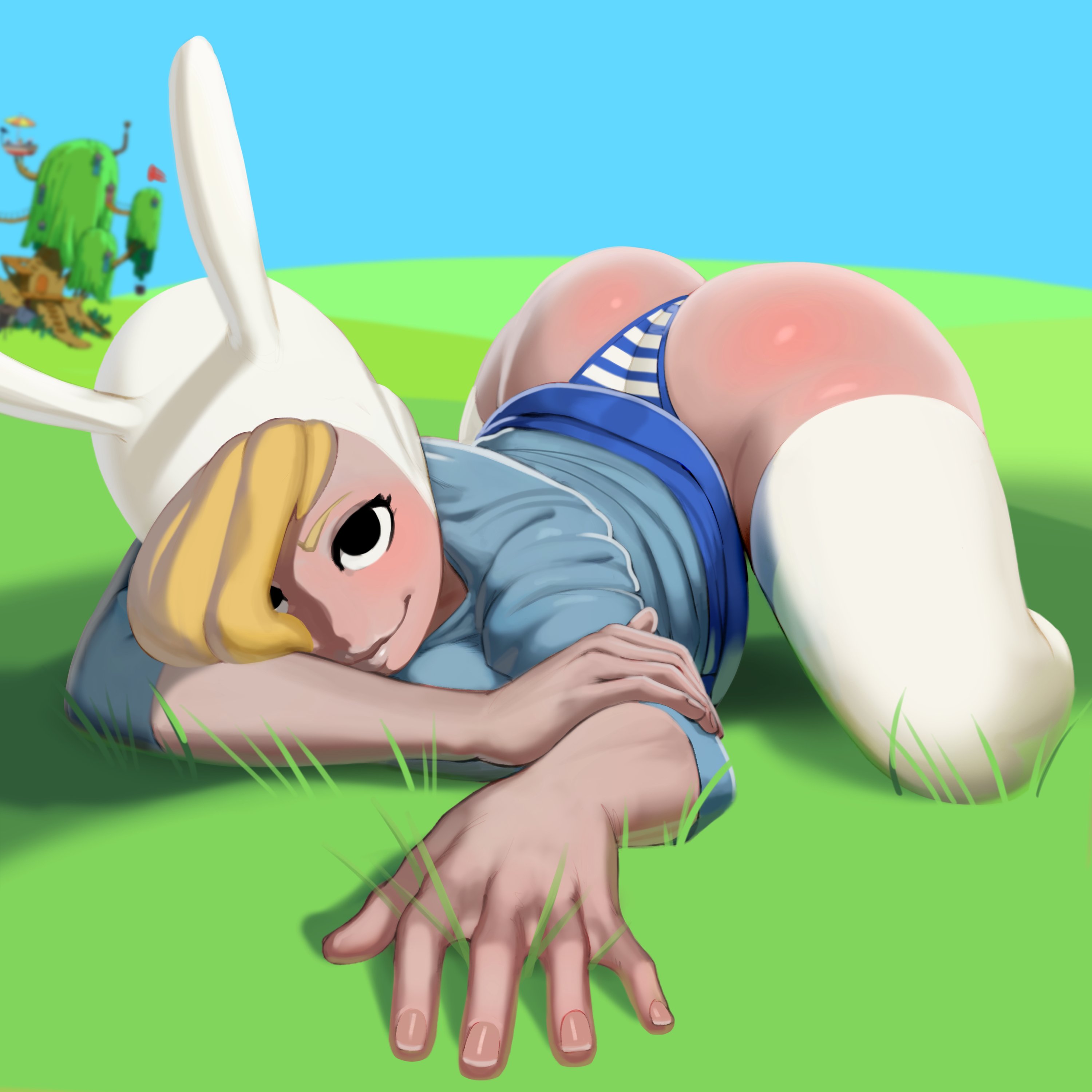 1girls, 2020, 2020s, absurd res, absurdres, adventure time, ass, ass up, big ass, big breasts, big butt, black eyes, blonde, blonde female, blonde hair, blonde-haired female, blue clothing, blue panties, blue skirt, blue sky, blue striped panties, breasts, butt up, cartoon network, clothed, clothing, digital drawing (artwork), digital media (artwork), female, female focus, female only, fionna and cake, fionna campbell, fionna the human, fionna the human girl, grass, hat, hi res, human, human focus, jack-o pose, light skin, light-skinned female, looking at viewer, panties, popogori, skirt, skirt up, smile, smiling at viewer, solo, solo female, solo focus, stockings, striped panties, thick, thick ass, thick butt, thick thighs, thigh highs, thighhighs, thighs, thong, topwear, underwear, upskirt, white stockings, white thigh highs, white thigh socks, white thighhighs