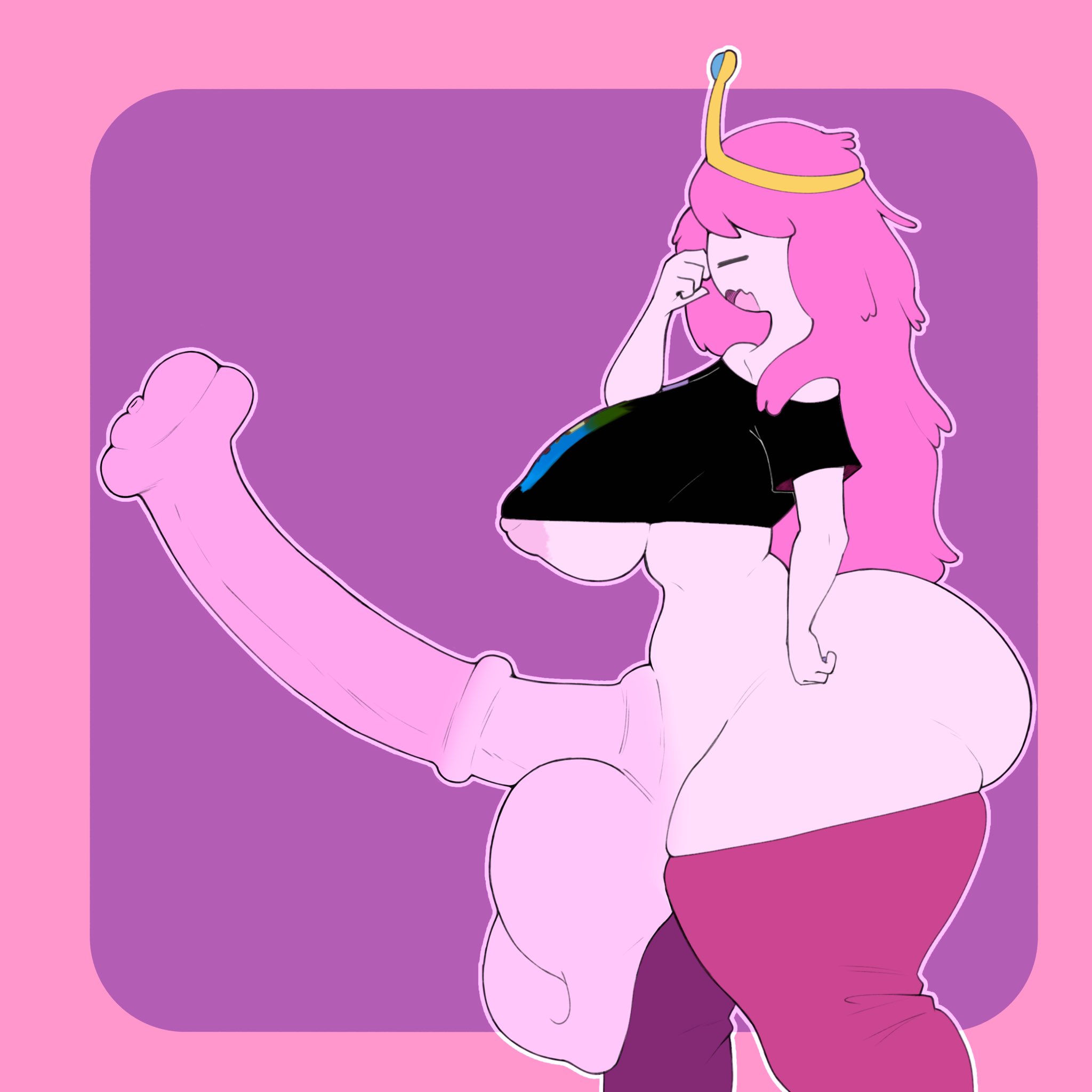 1futa, 1girls, adventure time, areolae, balls, big ass, big penis, bonnibel bubblegum, cock, crown, fat ass, futanari, horse penis, horsecock, huge cock, huge penis, long hair, megamor, nipples, pants down, partially clothed, penis, pink hair, pink skin, princess bubblegum, sideboob, simple background, testicles